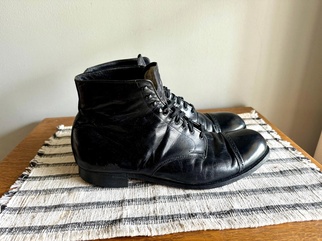 Vtg Leather Boots | Bob Smart 1960's Leather Boots | Black Cap Toe Leather Shoes | Black Lace Up Ankle Boots | 60's Work Boots