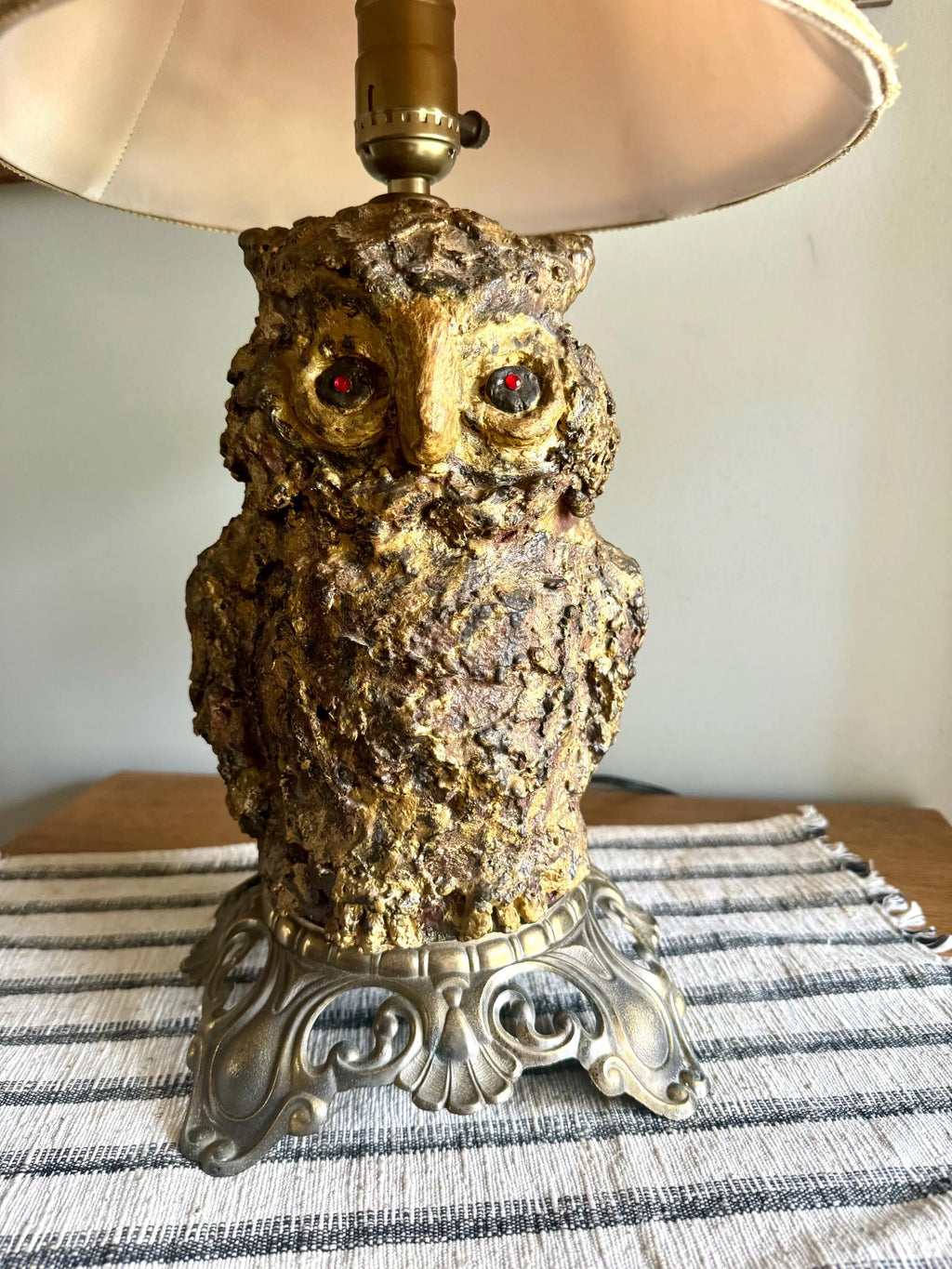 Vtg Accurate Casting Co. Owl Lamp | Owl Figurine and Brass Lamp | Plaster Owl Lamp with Red Eyes