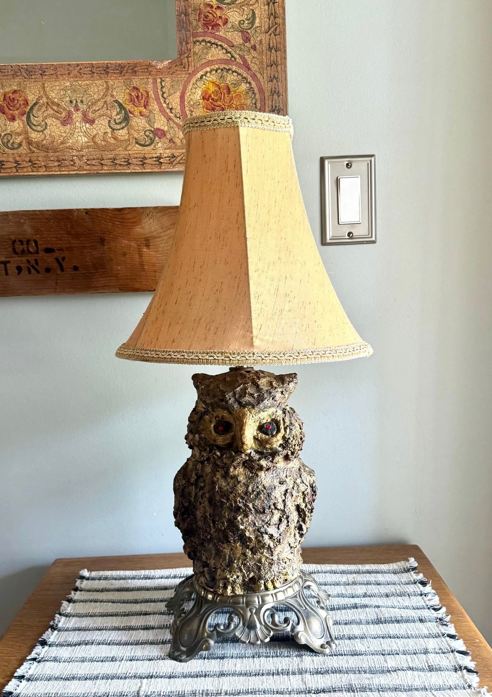 Vtg Accurate Casting Co. Owl Lamp | Owl Figurine and Brass Lamp | Plaster Owl Lamp with Red Eyes
