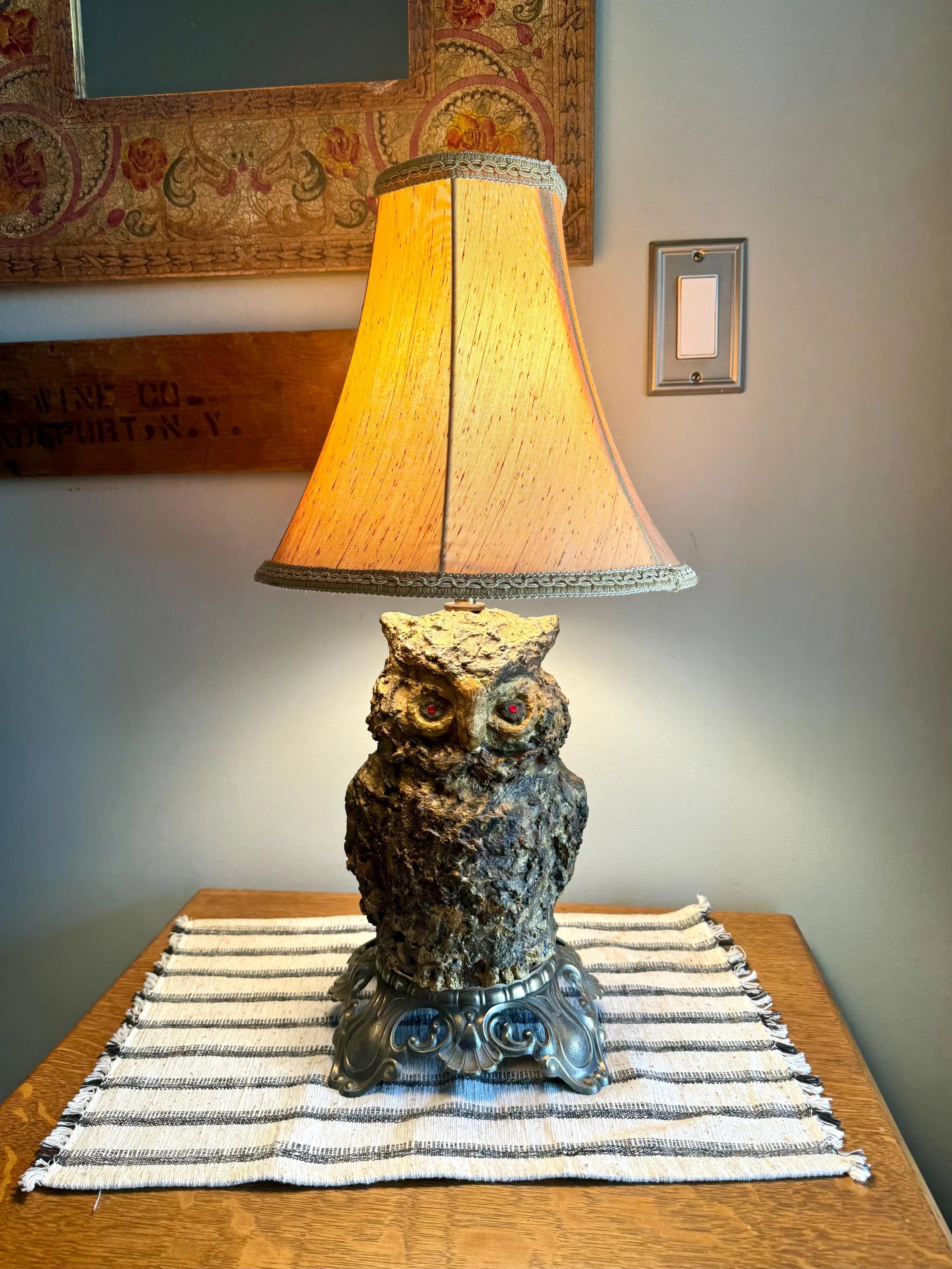 Vtg Accurate Casting Co. Owl Lamp | Owl Figurine and Brass Lamp | Plaster Owl Lamp with Red Eyes