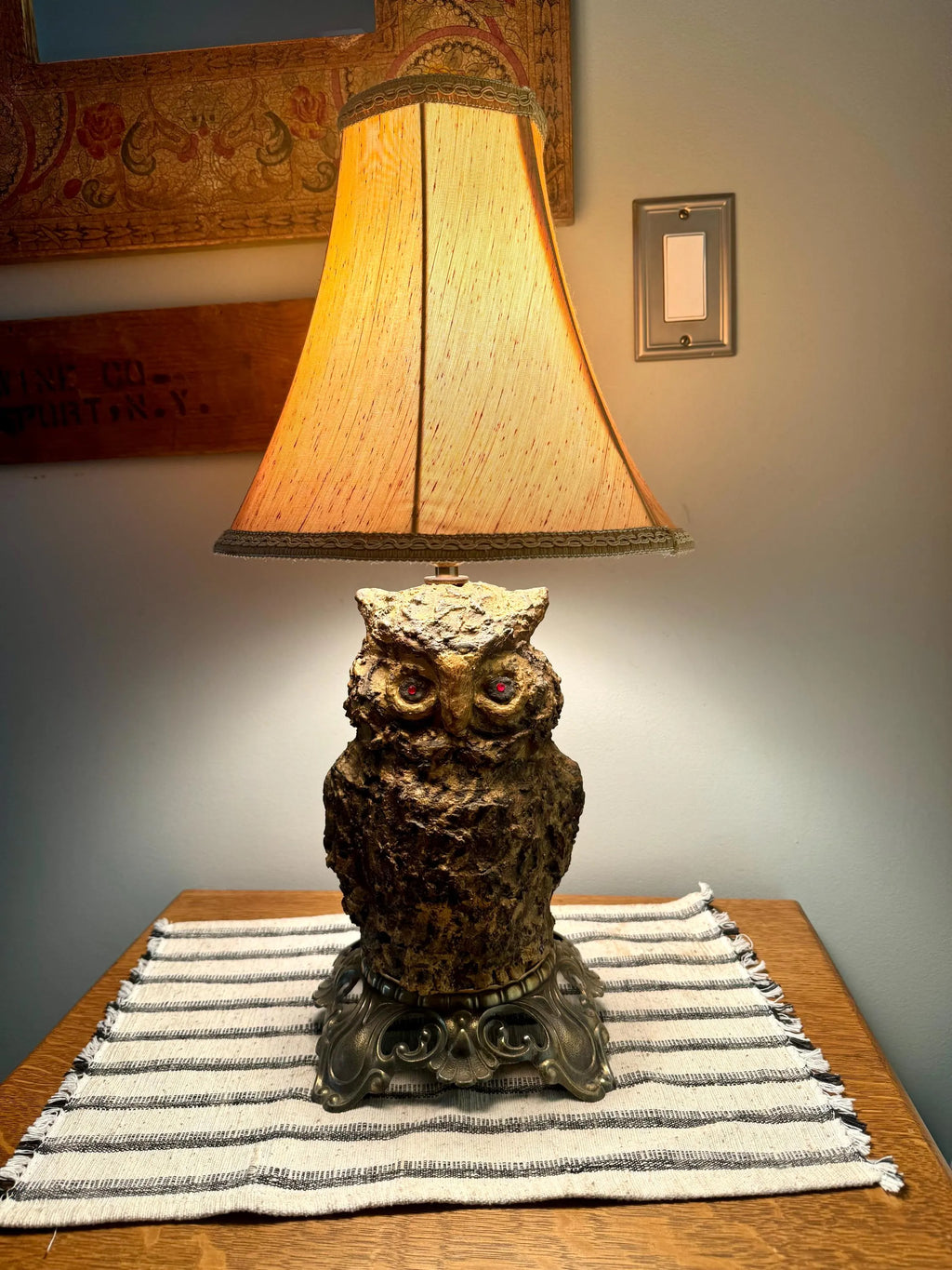 Vtg Accurate Casting Co. Owl Lamp | Owl Figurine and Brass Lamp | Plaster Owl Lamp with Red Eyes
