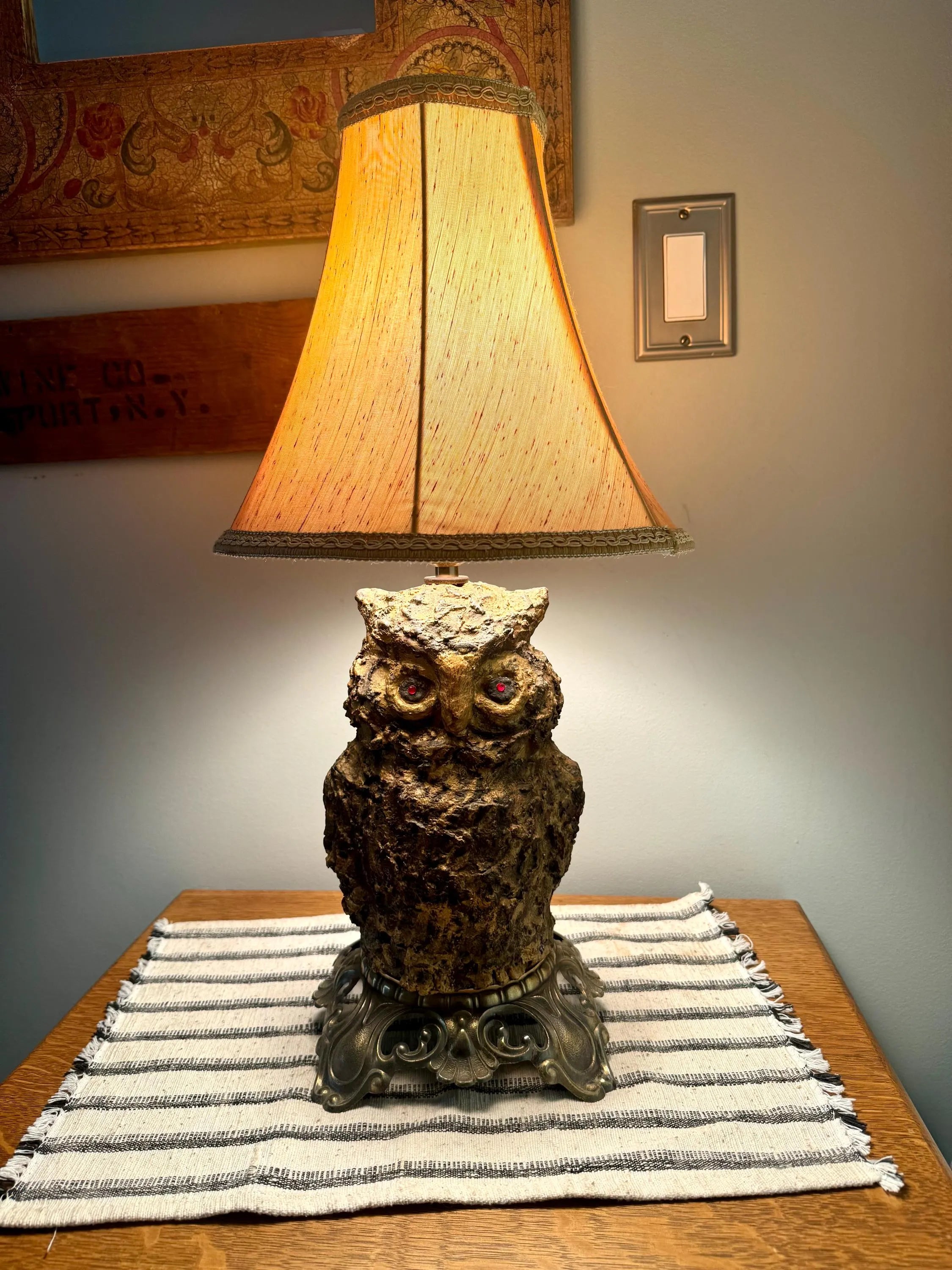 Vtg Accurate Casting Co. Owl Lamp | Owl Figurine and Brass Lamp | Plaster Owl Lamp with Red Eyes