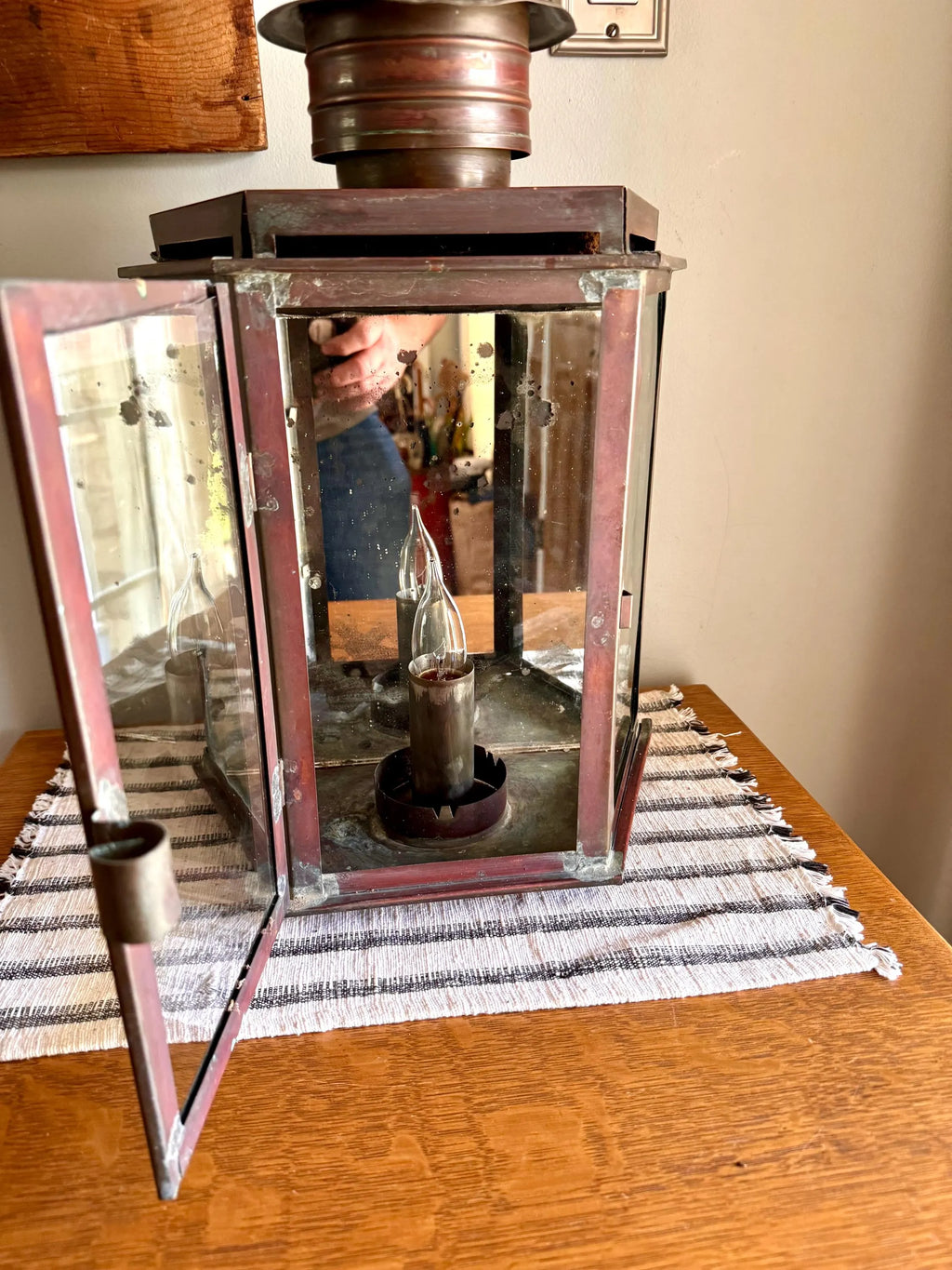 Vtg  Distressed Copper Lantern Lamp | Copper and Mirror Large Wall Sconce | Nautical Lantern Copper Wall Lamp | Rustic Wall Light