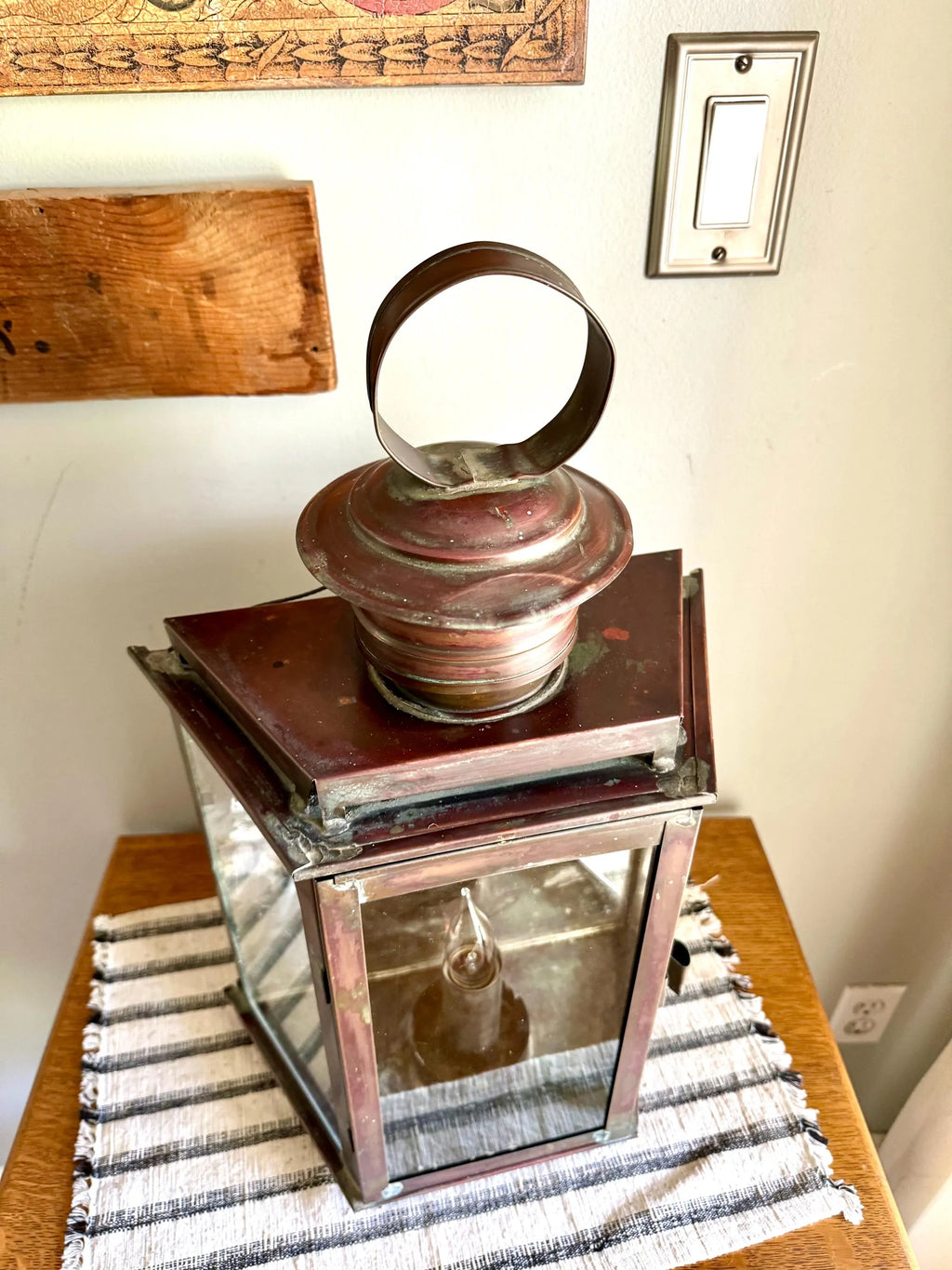 Vtg  Distressed Copper Lantern Lamp | Copper and Mirror Large Wall Sconce | Nautical Lantern Copper Wall Lamp | Rustic Wall Light