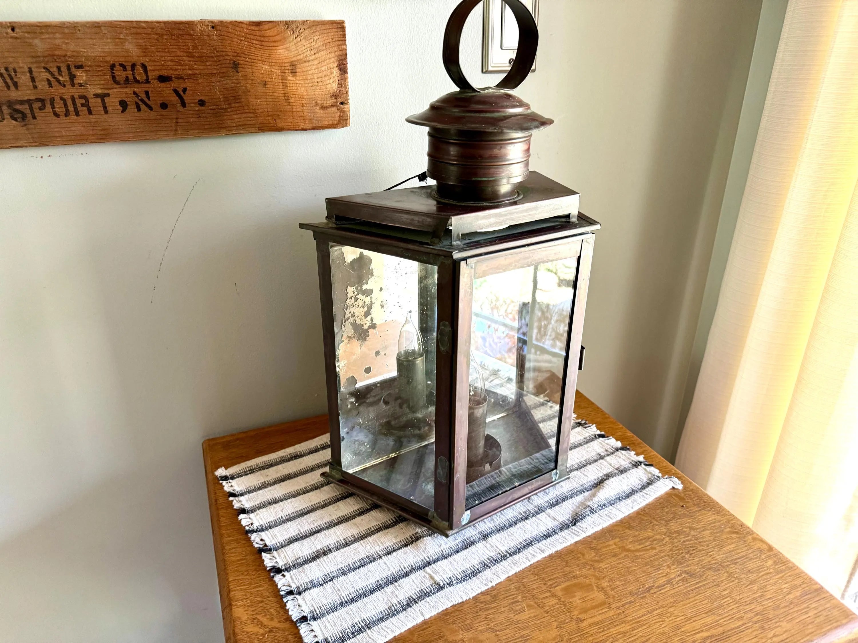 Vtg  Distressed Copper Lantern Lamp | Copper and Mirror Large Wall Sconce | Nautical Lantern Copper Wall Lamp | Rustic Wall Light