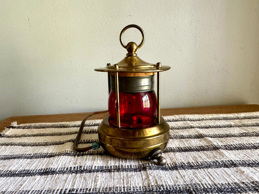 Vtg Small Brass Nautical Red Lens Lamp | Red Glass Navigation Maritime Lamp | Nautical Themed Red Lens Lamp| Small Brass Navigation Lamp