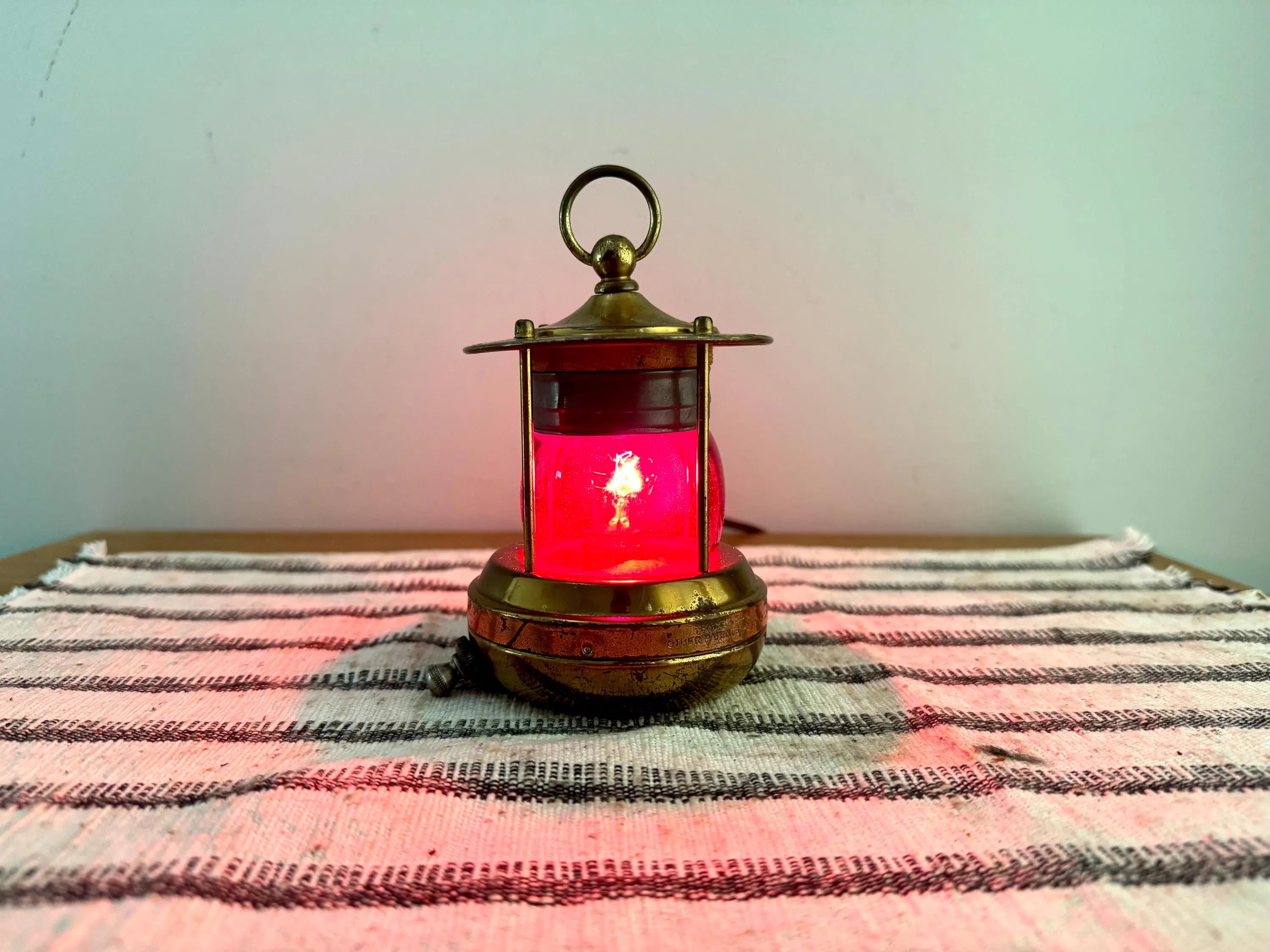 Vtg Small Brass Nautical Red Lens Lamp | Red Glass Navigation Maritime Lamp | Nautical Themed Red Lens Lamp| Small Brass Navigation Lamp