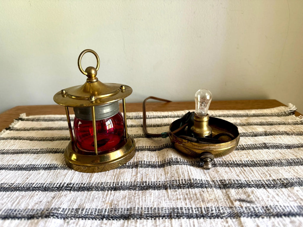 Vtg Small Brass Nautical Red Lens Lamp | Red Glass Navigation Maritime Lamp | Nautical Themed Red Lens Lamp| Small Brass Navigation Lamp