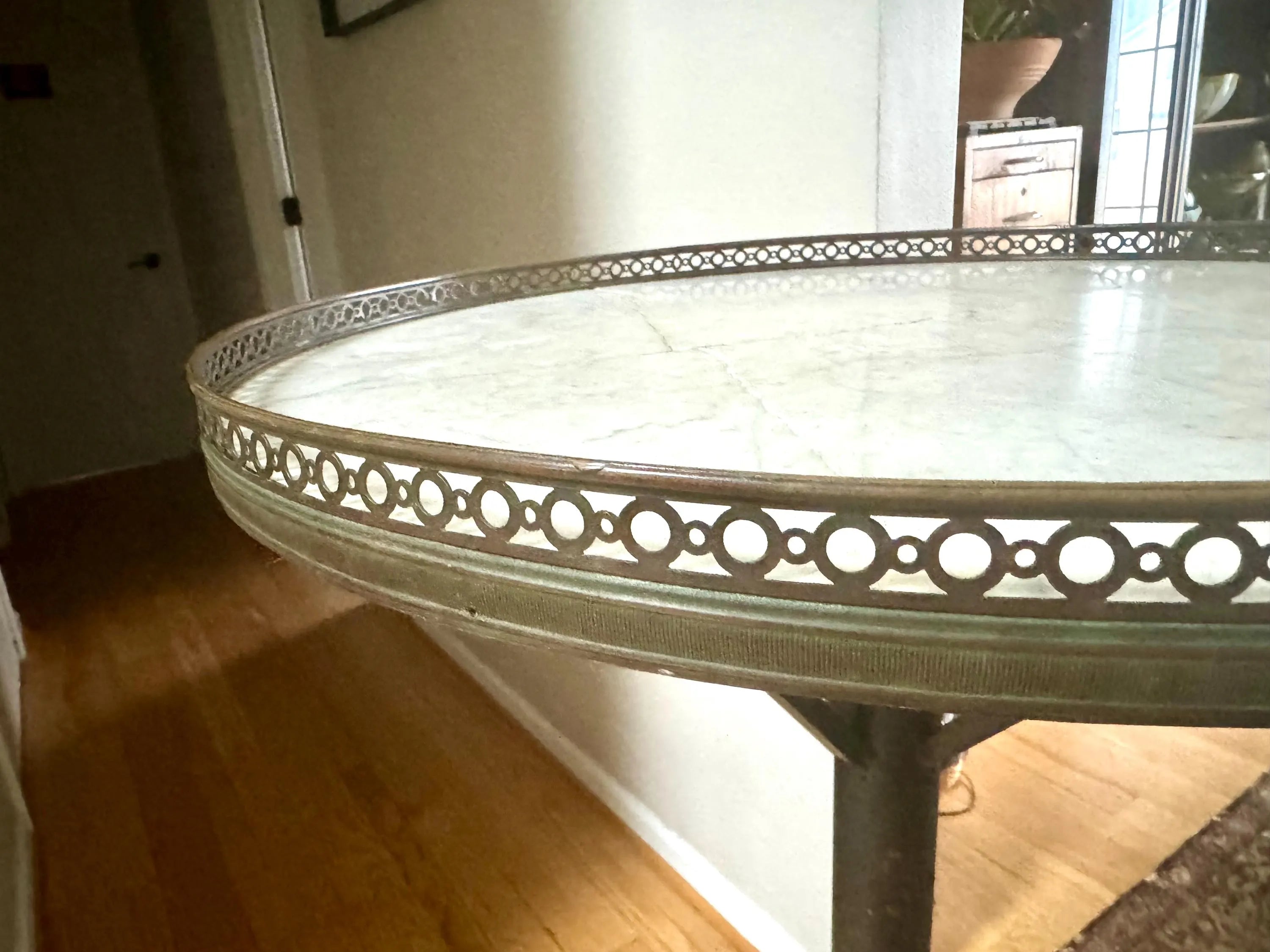 Large Cast Iron, Brass and Marble Bistro Table| Cast Iron and Marble High Top Table| Tall Round Marble and Brass Table Top on Cast Iron Base