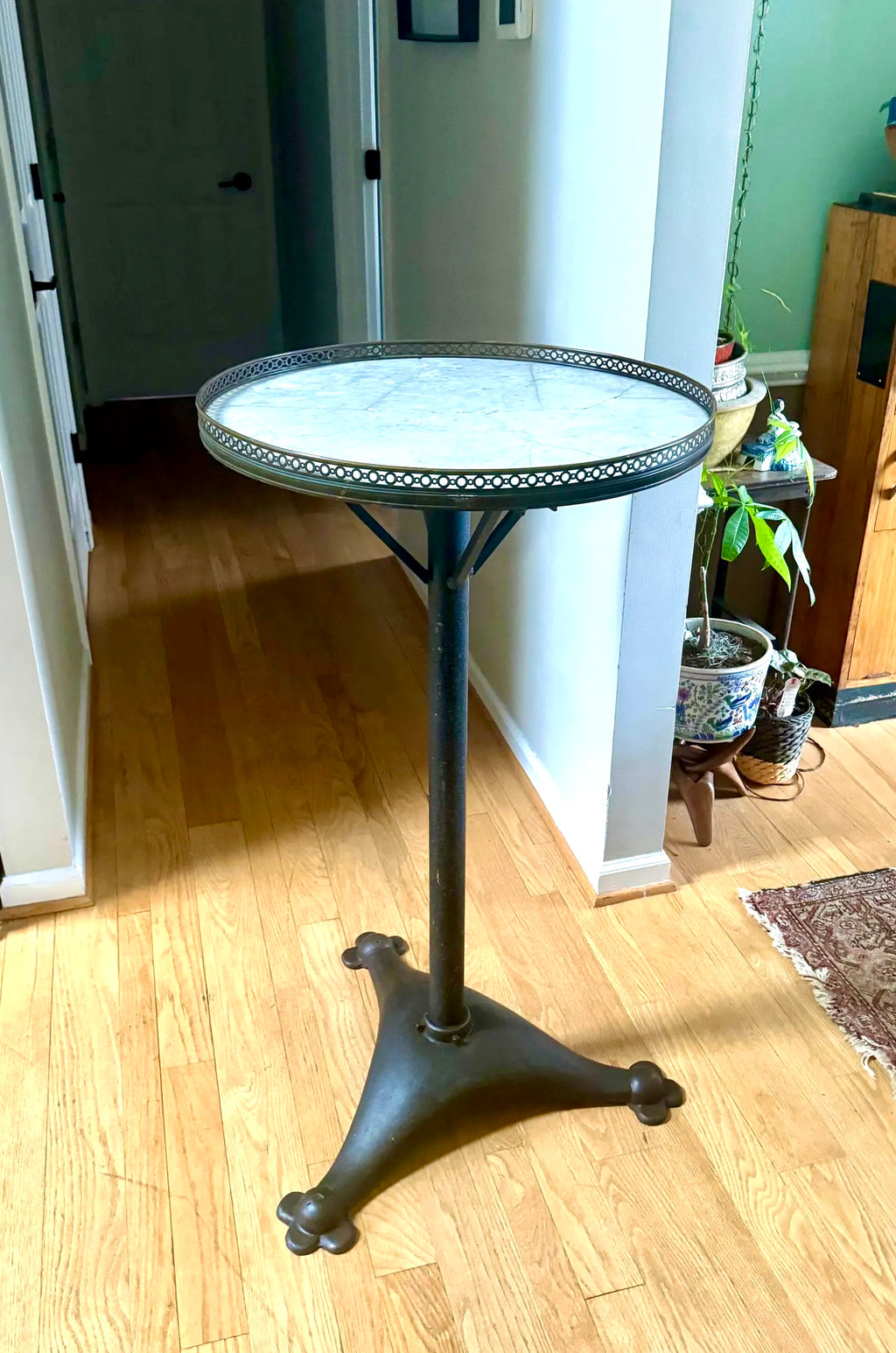Large Cast Iron, Brass and Marble Bistro Table| Cast Iron and Marble High Top Table| Tall Round Marble and Brass Table Top on Cast Iron Base