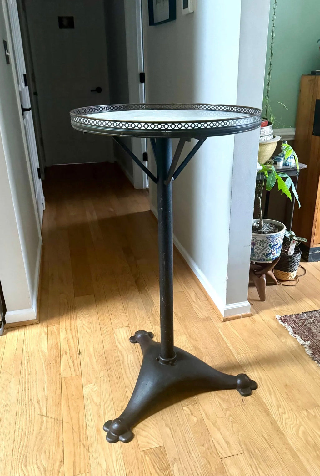 Large Cast Iron, Brass and Marble Bistro Table| Cast Iron and Marble High Top Table| Tall Round Marble and Brass Table Top on Cast Iron Base