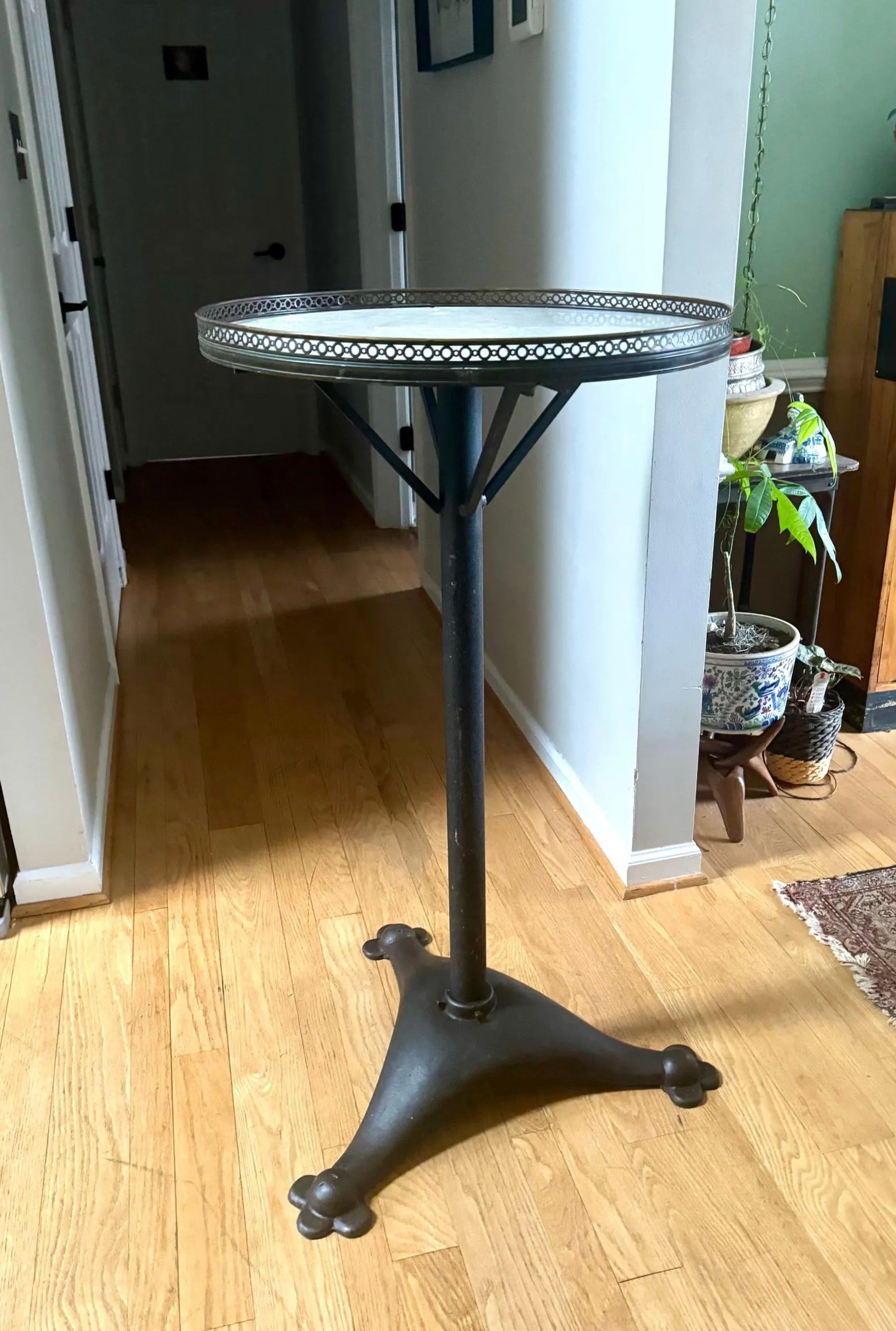 Large Cast Iron, Brass and Marble Bistro Table| Cast Iron and Marble High Top Table| Tall Round Marble and Brass Table Top on Cast Iron Base