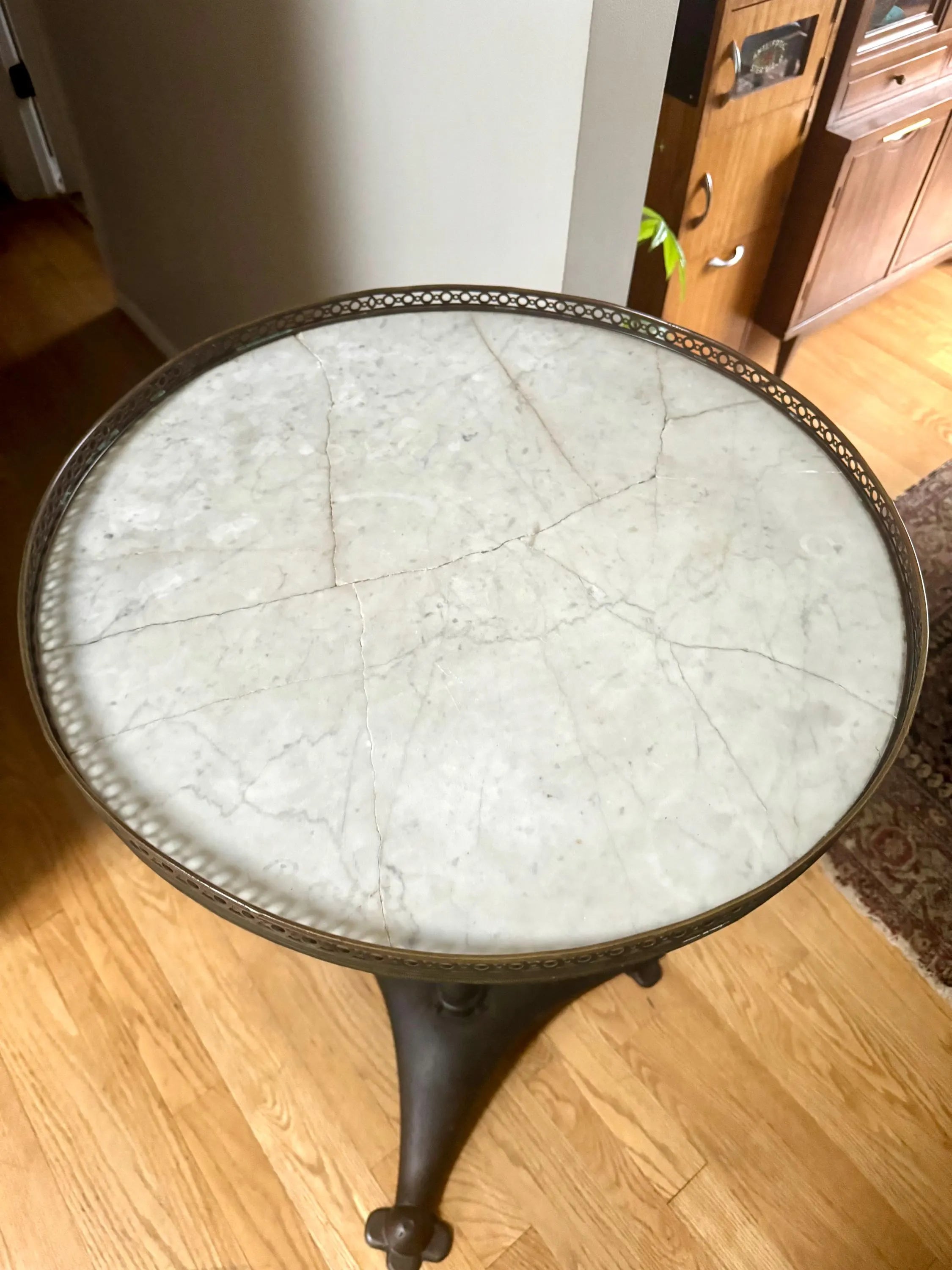 Large Cast Iron, Brass and Marble Bistro Table| Cast Iron and Marble High Top Table| Tall Round Marble and Brass Table Top on Cast Iron Base