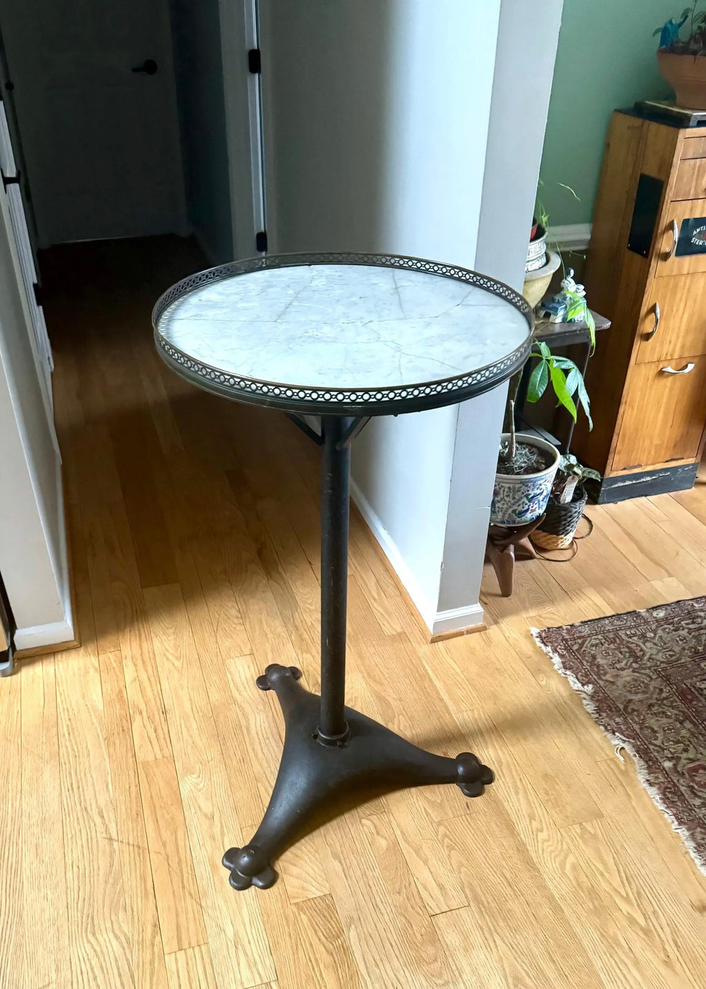 Large Cast Iron, Brass and Marble Bistro Table| Cast Iron and Marble High Top Table| Tall Round Marble and Brass Table Top on Cast Iron Base