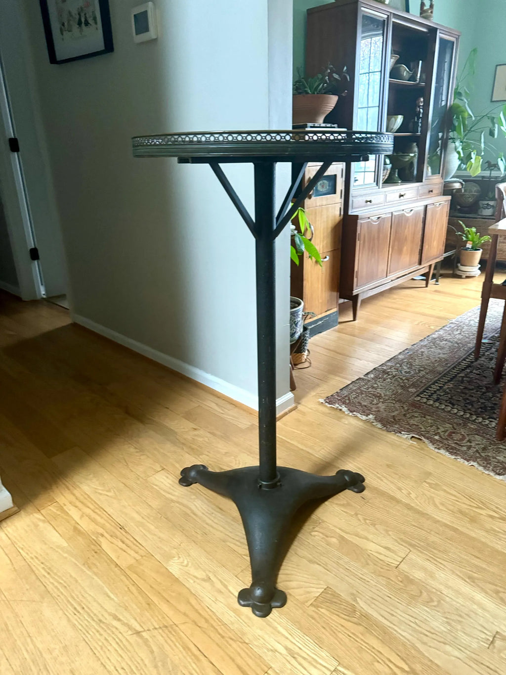 Large Cast Iron, Brass and Marble Bistro Table| Cast Iron and Marble High Top Table| Tall Round Marble and Brass Table Top on Cast Iron Base