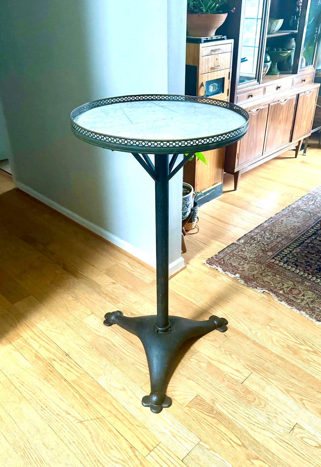 Large Cast Iron, Brass and Marble Bistro Table| Cast Iron and Marble High Top Table| Tall Round Marble and Brass Table Top on Cast Iron Base