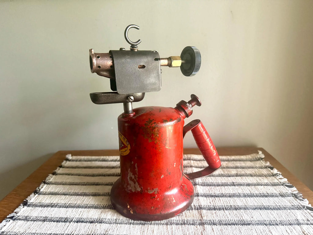 A Vtg Red Unique Mfg. Blow Torch | Unique Mfg. Co. Kerosine Blow Torch | Distressed Red Kerosine Torch | Rustic Wood Handled Blow Torch
