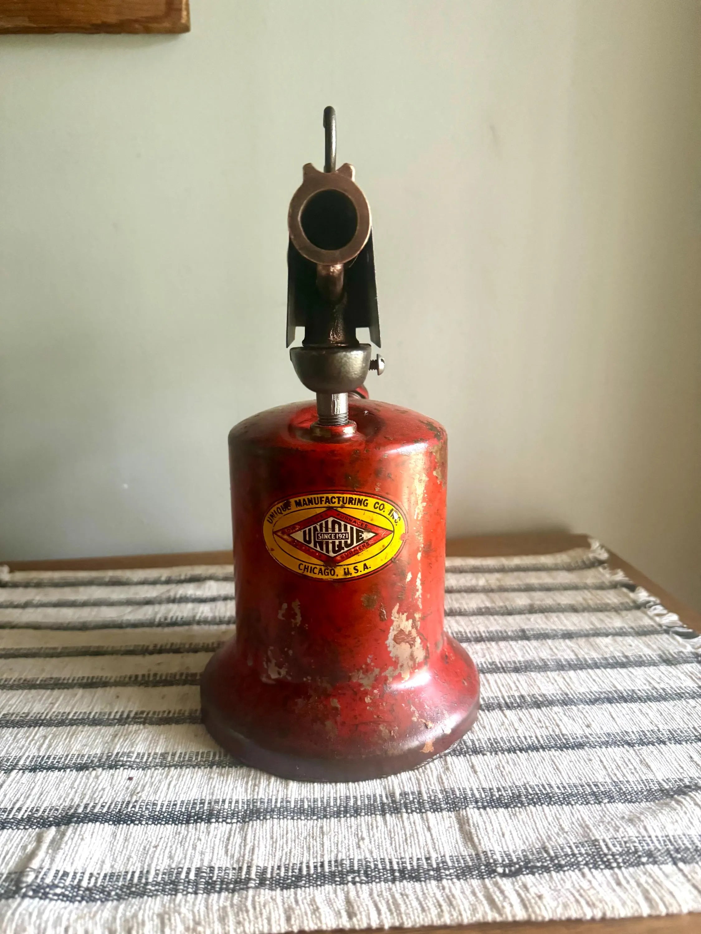 A Vtg Red Unique Mfg. Blow Torch | Unique Mfg. Co. Kerosine Blow Torch | Distressed Red Kerosine Torch | Rustic Wood Handled Blow Torch