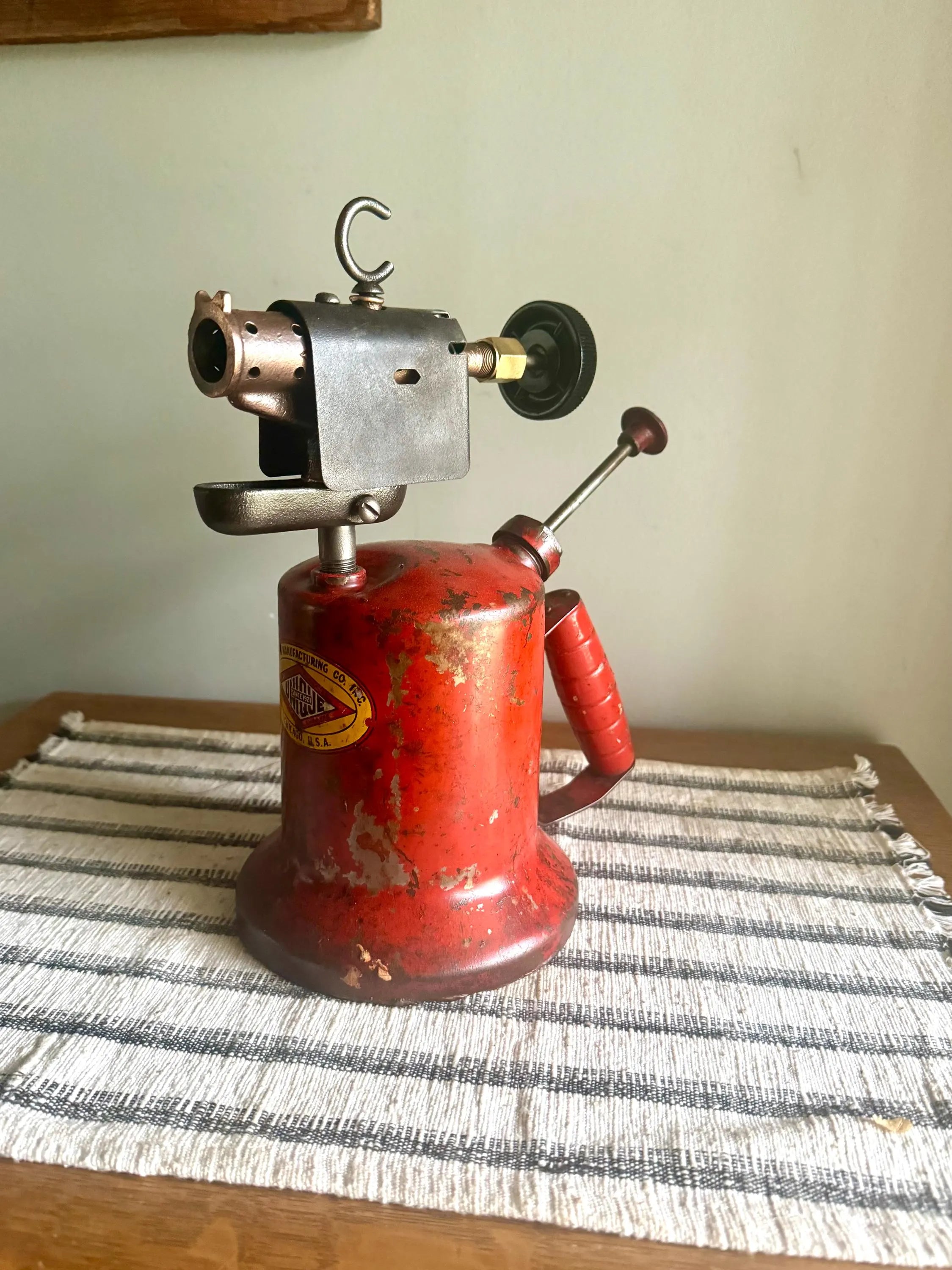 A Vtg Red Unique Mfg. Blow Torch | Unique Mfg. Co. Kerosine Blow Torch | Distressed Red Kerosine Torch | Rustic Wood Handled Blow Torch