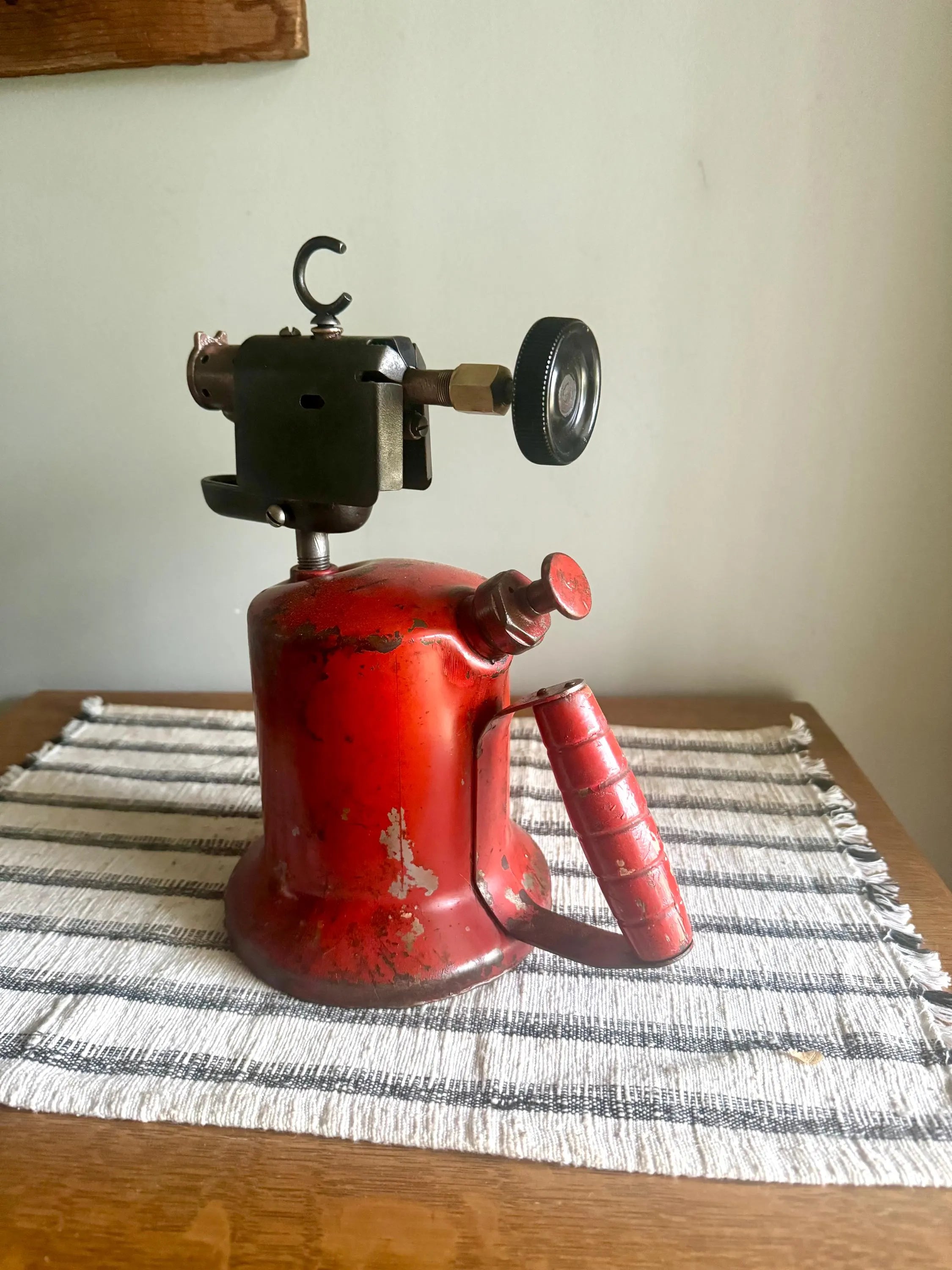 A Vtg Red Unique Mfg. Blow Torch | Unique Mfg. Co. Kerosine Blow Torch | Distressed Red Kerosine Torch | Rustic Wood Handled Blow Torch