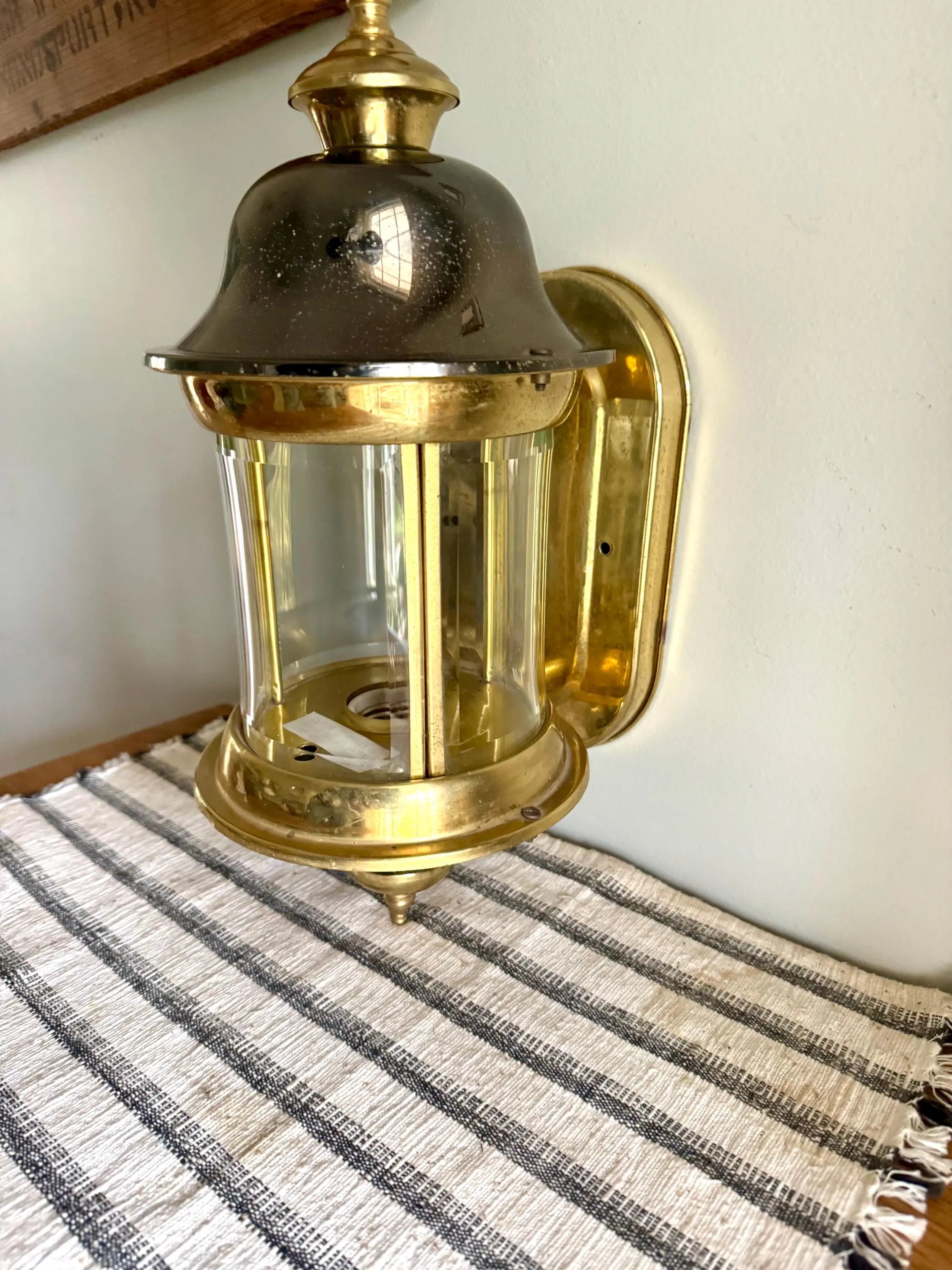 A Vtg Brass & Silver Beveled Glass Porch Lamp | Brass and Silver Porch Sconce | Brass Lantern Porch Lamp | Outdoor Wall Lantern Sconce