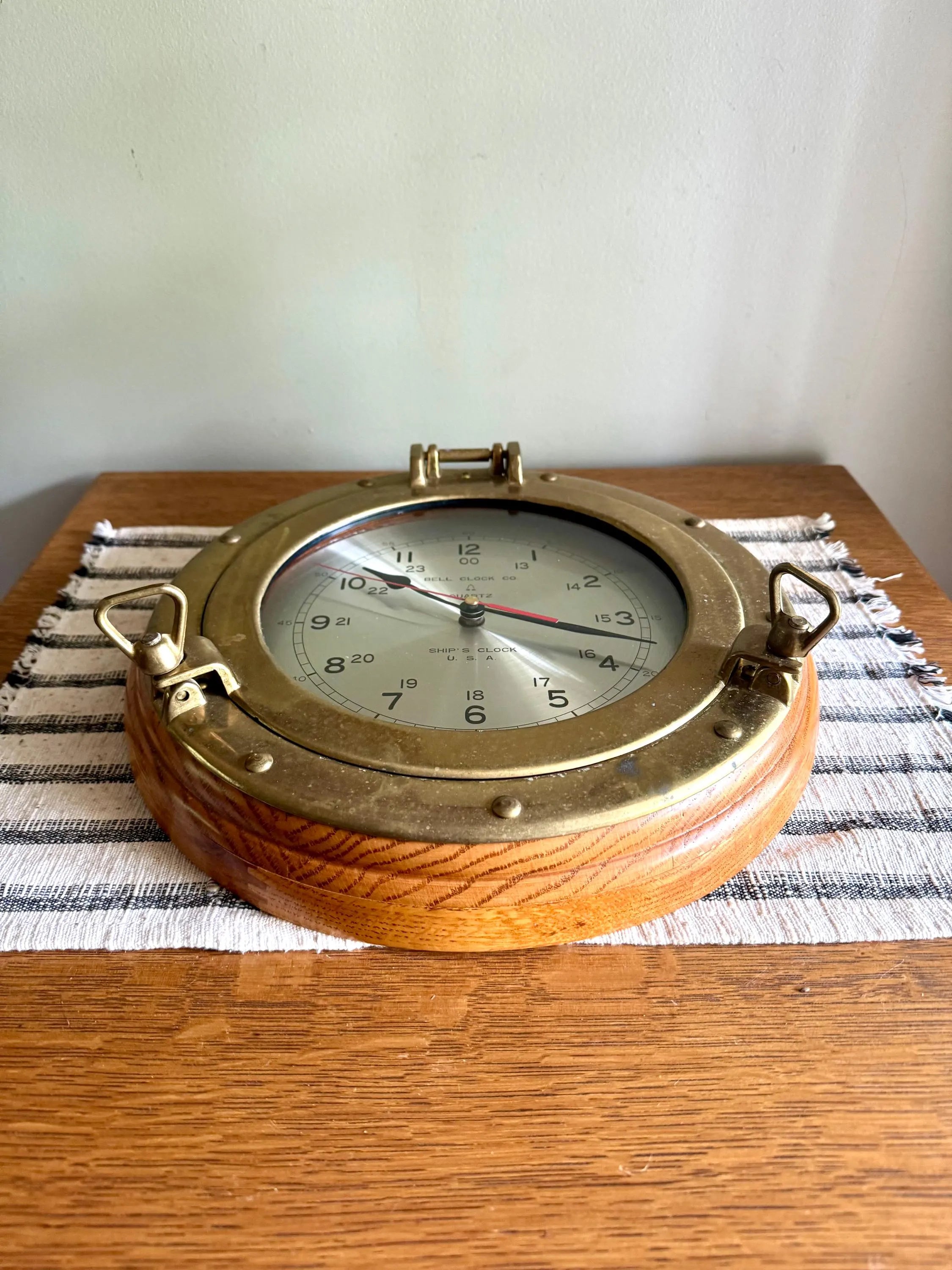 Vtg Bell Clock Co. Ship's Clock | Quartz Nautical Port Hole Hanging Clock | Brass Ship's Port Hole Clock | Brass Nautical Ship's Clock