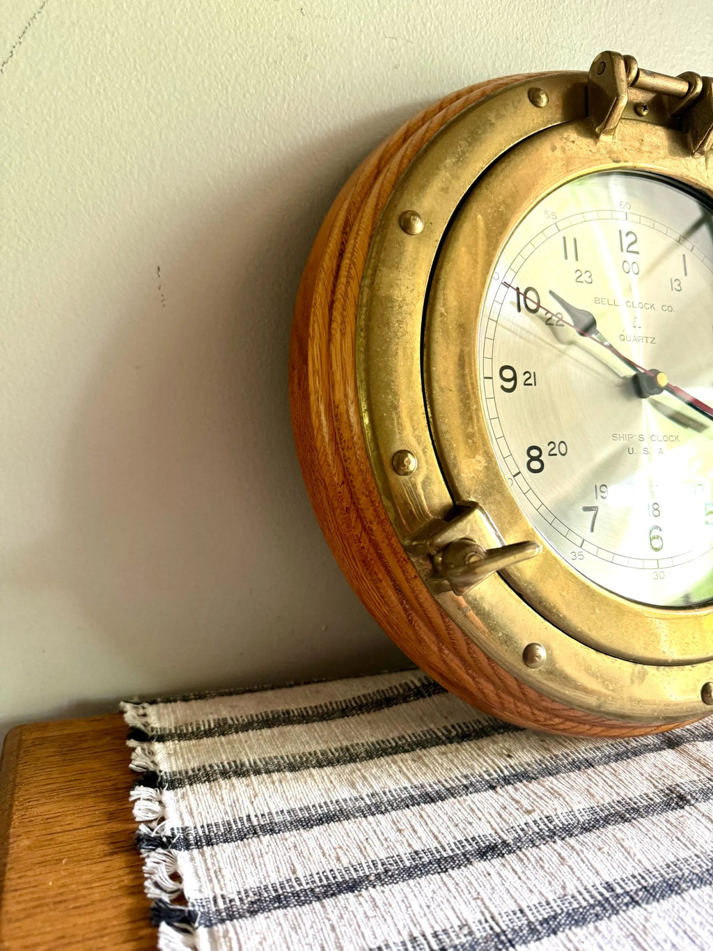Vtg Bell Clock Co. Ship's Clock | Quartz Nautical Port Hole Hanging Clock | Brass Ship's Port Hole Clock | Brass Nautical Ship's Clock