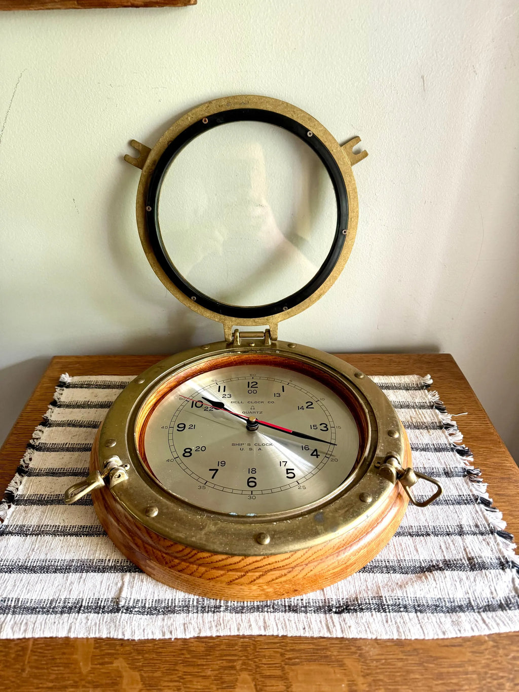 Vtg Bell Clock Co. Ship's Clock | Quartz Nautical Port Hole Hanging Clock | Brass Ship's Port Hole Clock | Brass Nautical Ship's Clock