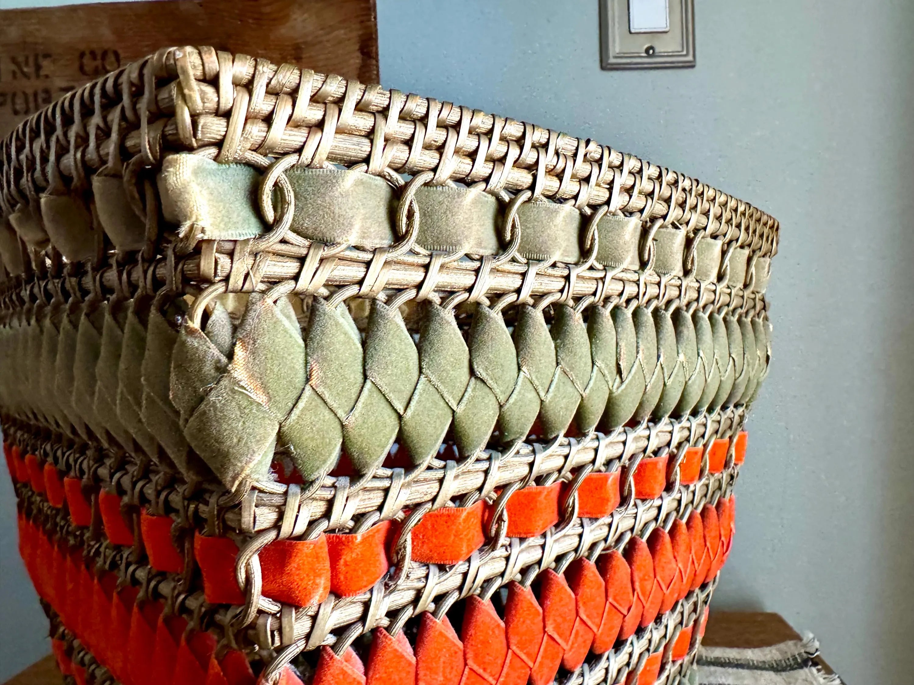 Vtg Wicker and Velveteen Ribbon Waste Basket | Woven Wicker Ribbon Trash Can | Woven Wicker and Ribbon Basket | Rattan Waste Basket
