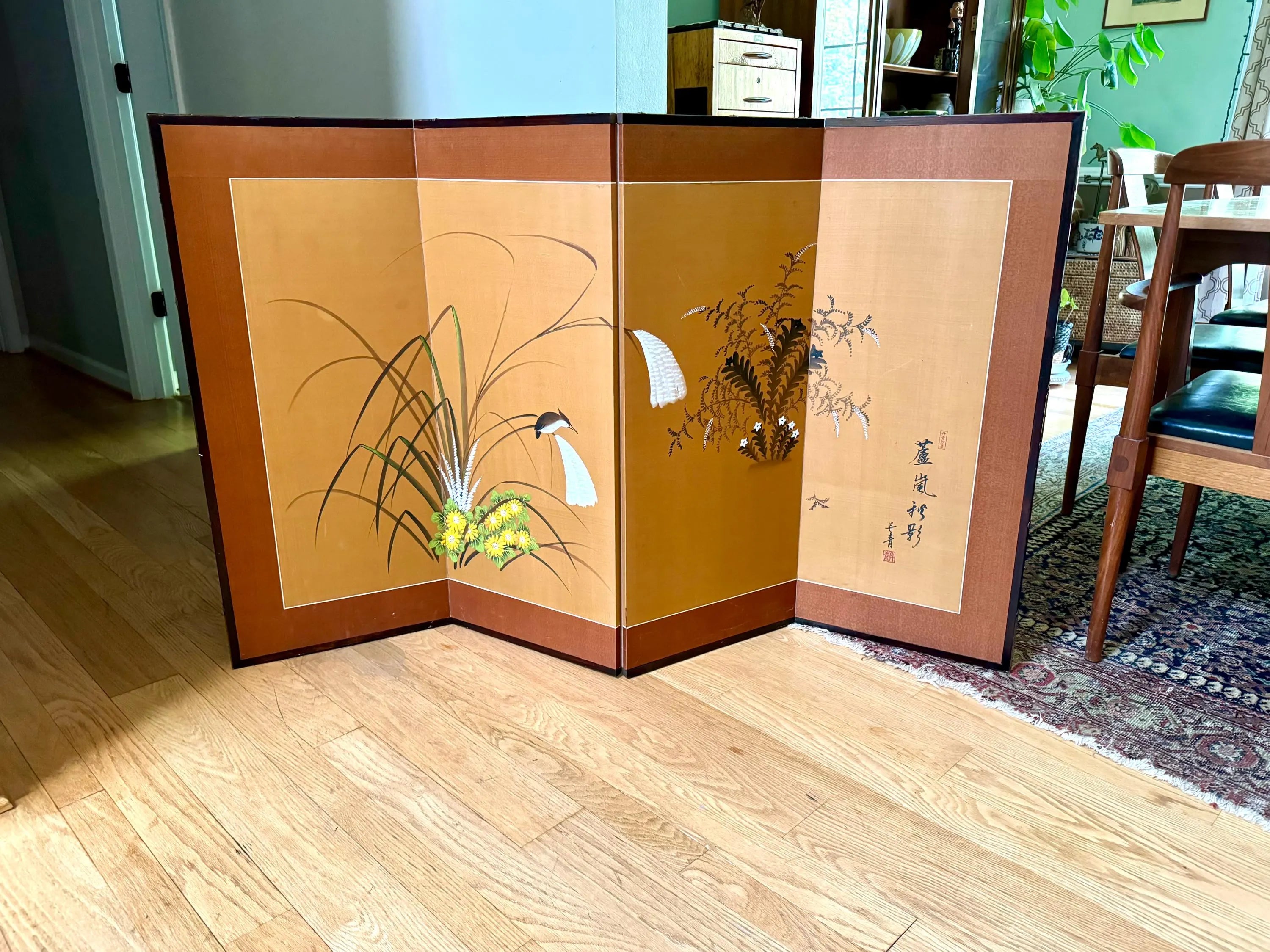 Vtg Japanese 4 Panel Byobu Folding Screen| Japanese Hand Painted on Silk Folding Art| Japanese Floral Scene 35" x 60" Folding Art