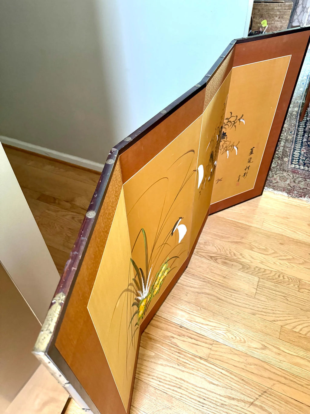 Vtg Japanese 4 Panel Byobu Folding Screen| Japanese Hand Painted on Silk Folding Art| Japanese Floral Scene 35" x 60" Folding Art