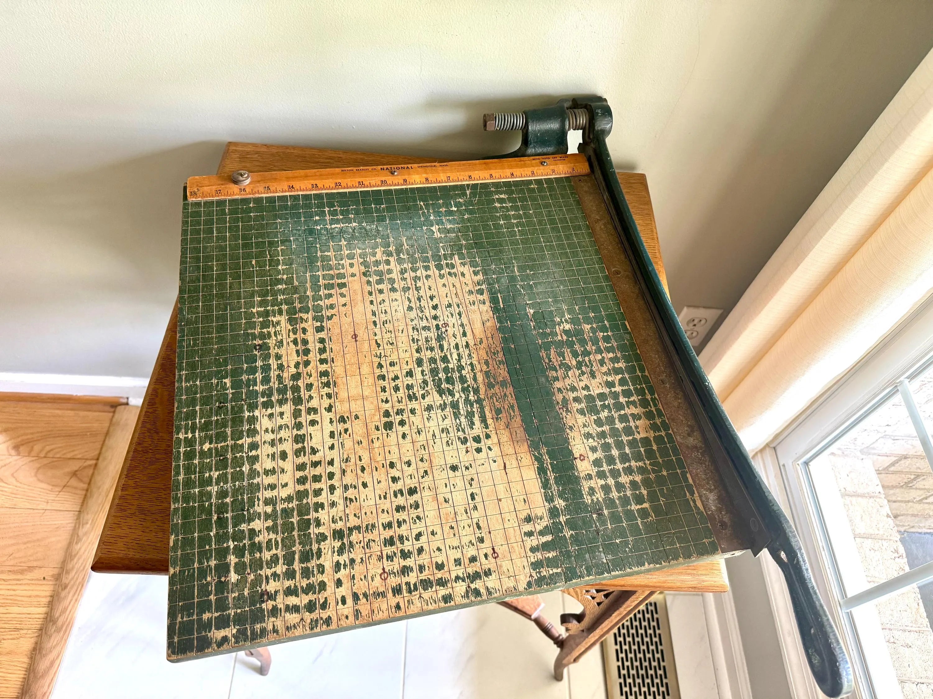 Vtg Large National Paper Cutter | Green Heavy Duty Milton Bradly 18" Guillotine Paper Cutter | Milton Bradley Co. National Paper Cutter