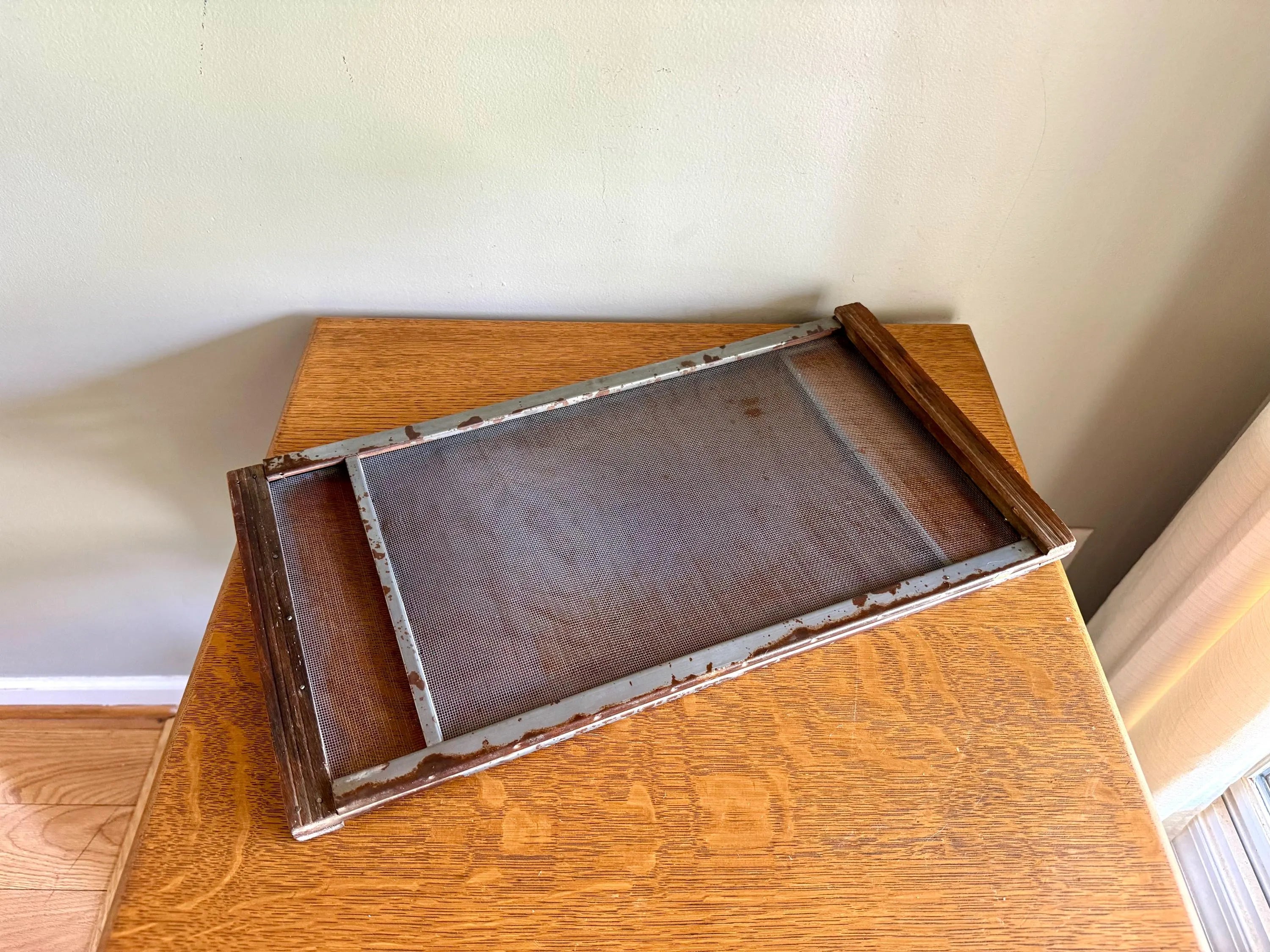Vtg Expandable Wood Window Screen | Wood and Metal Adjustable Window Screen | Marvin Expandable Window Screen