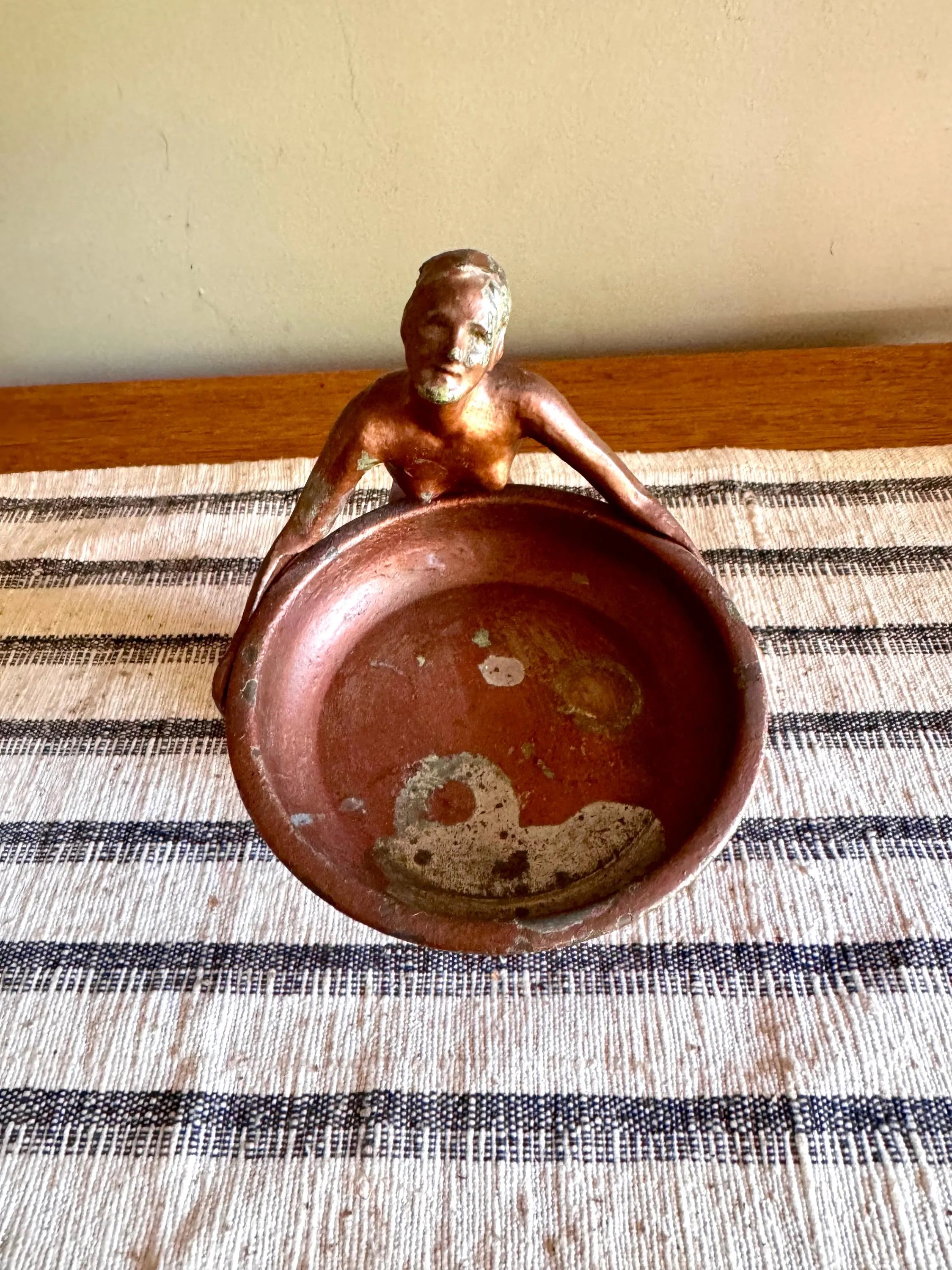 Art Deco Nude Figurine Trinket Tray | Distressed Metal Nude Lady Figurine Ashtray Holder | Distressed Bronze Finish Ring Dish