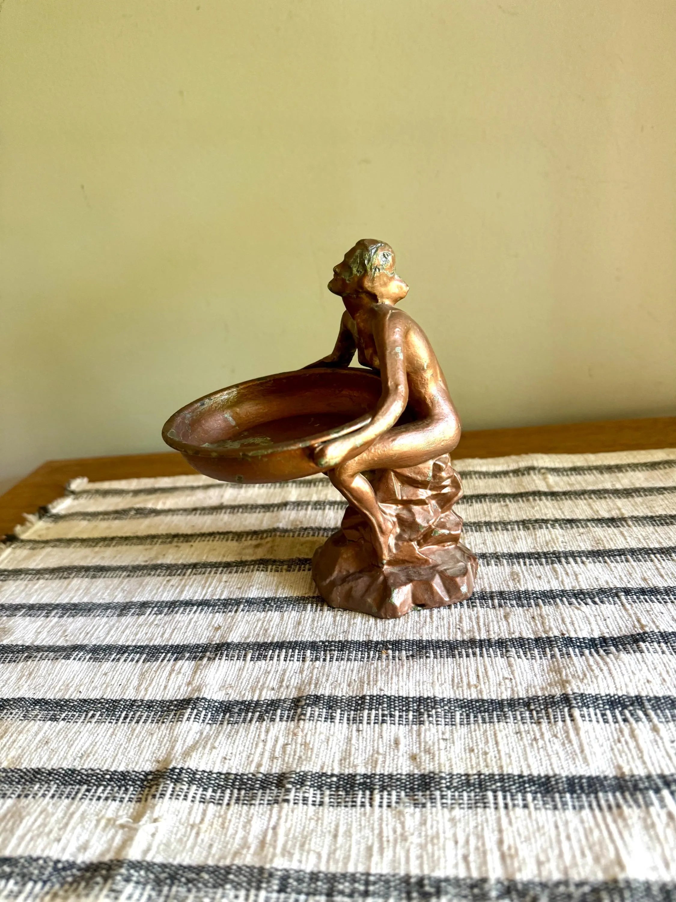 Art Deco Nude Figurine Trinket Tray | Distressed Metal Nude Lady Figurine Ashtray Holder | Distressed Bronze Finish Ring Dish