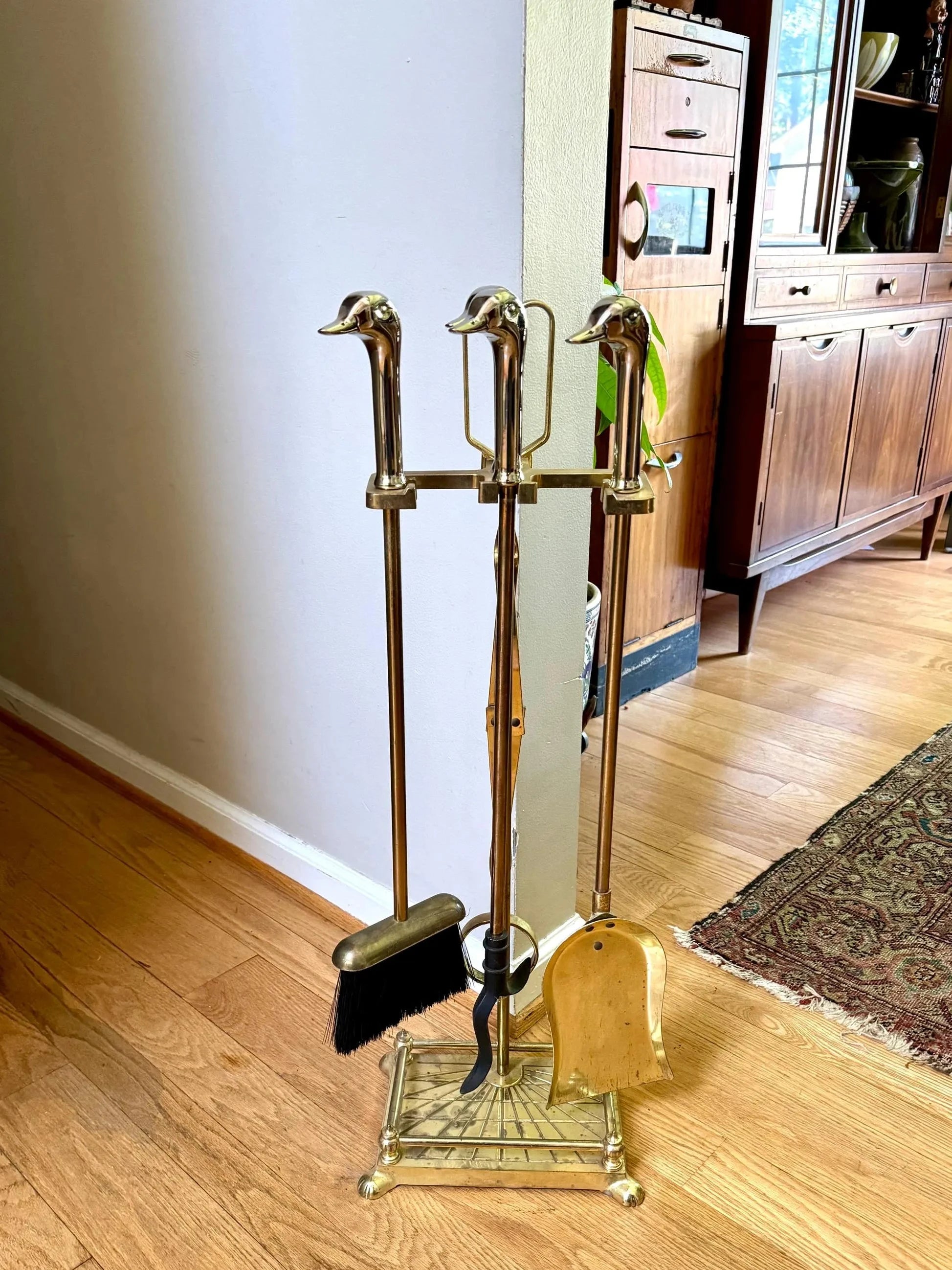 Vtg Silver and Brass Duck Head Fireplace Tools| Silver Duck Head Fireplace Tools| Distressed Finish Duck Head Fireplace Tools and Stand