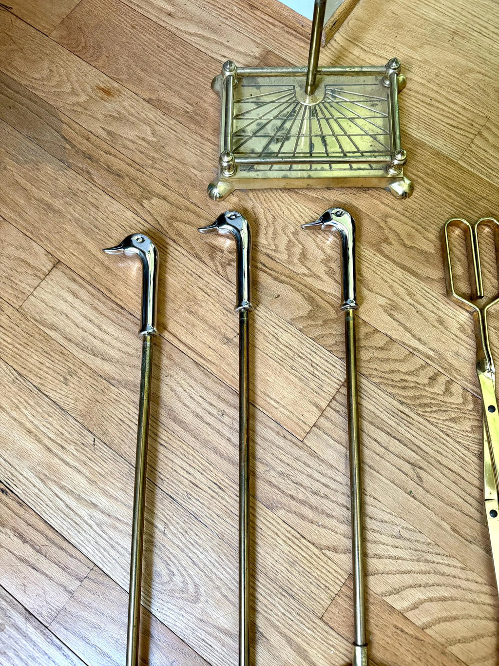 Vtg Silver and Brass Duck Head Fireplace Tools| Silver Duck Head Fireplace Tools| Distressed Finish Duck Head Fireplace Tools and Stand