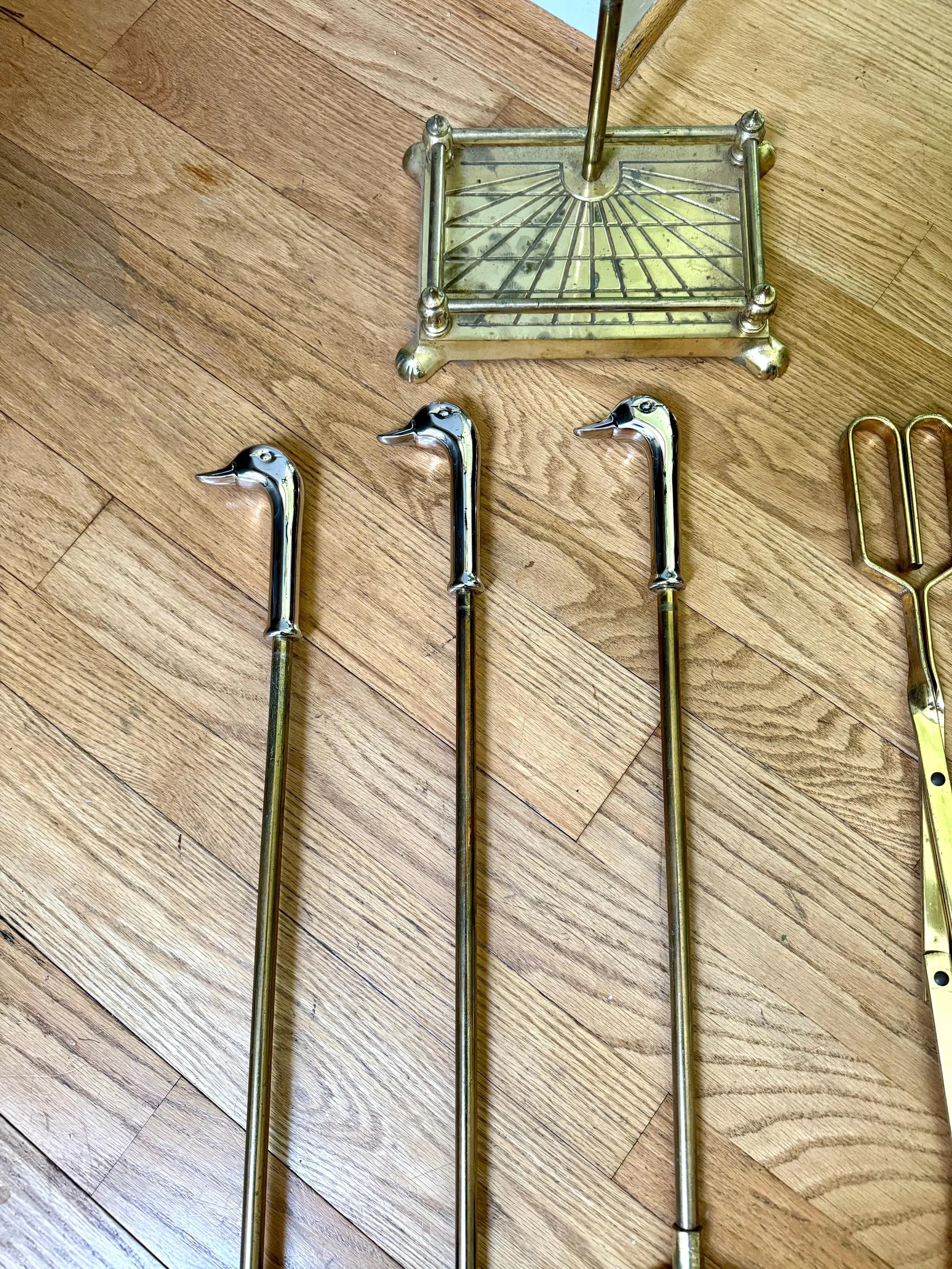 Vtg Silver and Brass Duck Head Fireplace Tools| Silver Duck Head Fireplace Tools| Distressed Finish Duck Head Fireplace Tools and Stand