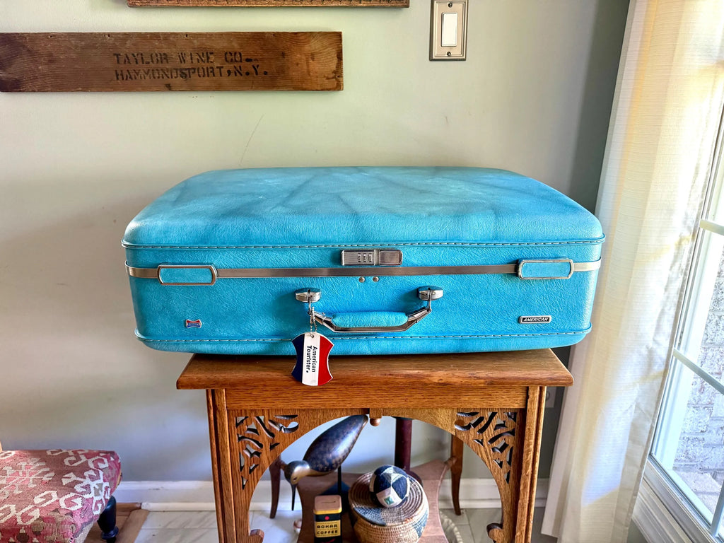 Vtg American Tourister Turquoise Marbled Luggage| American Tourister Suitcase| Large Size A/T Escort Suitcase | Turquoise Blue Suitcase
