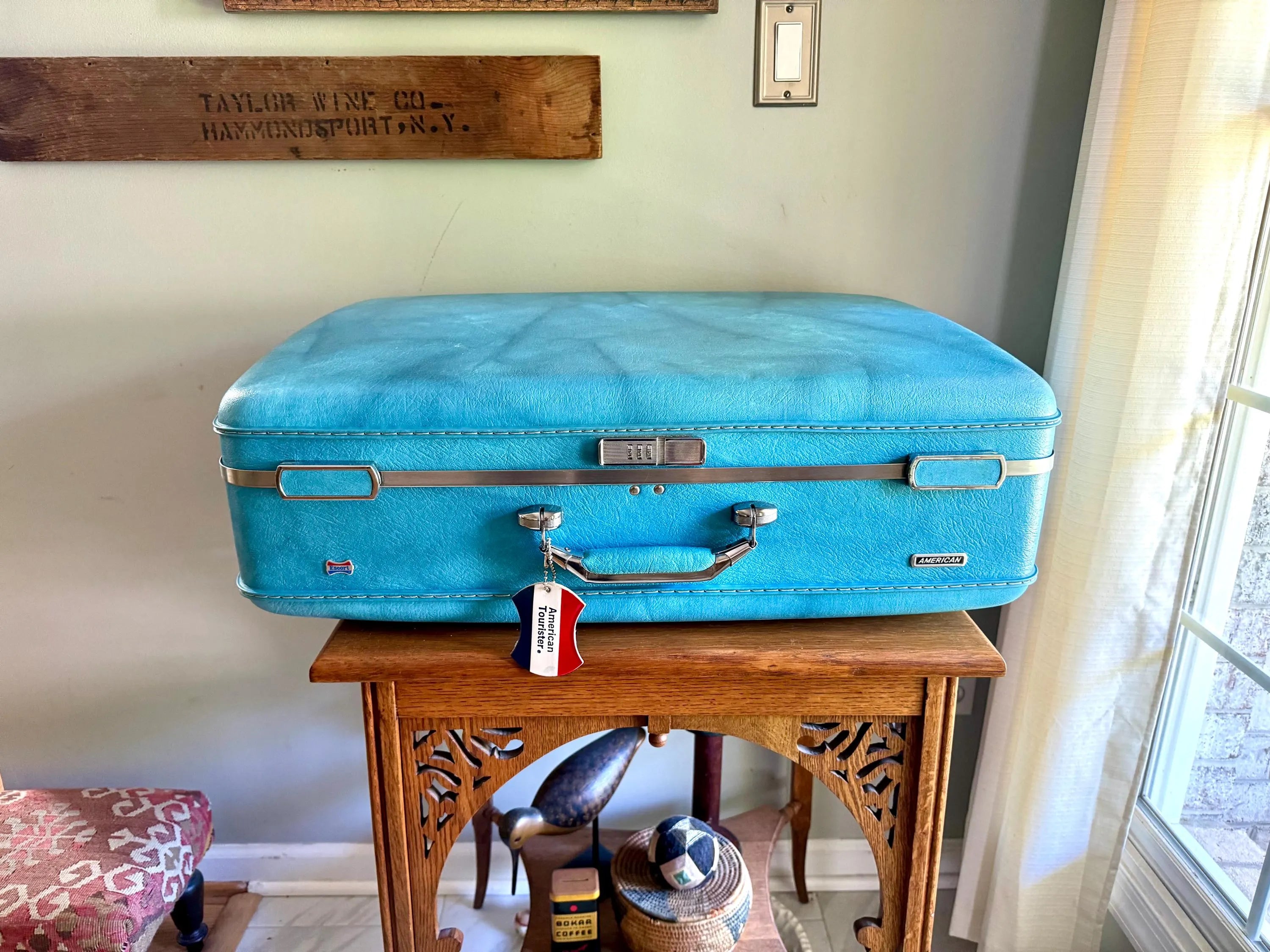 Vtg American Tourister Turquoise Marbled Luggage| American Tourister Suitcase| Large Size A/T Escort Suitcase | Turquoise Blue Suitcase