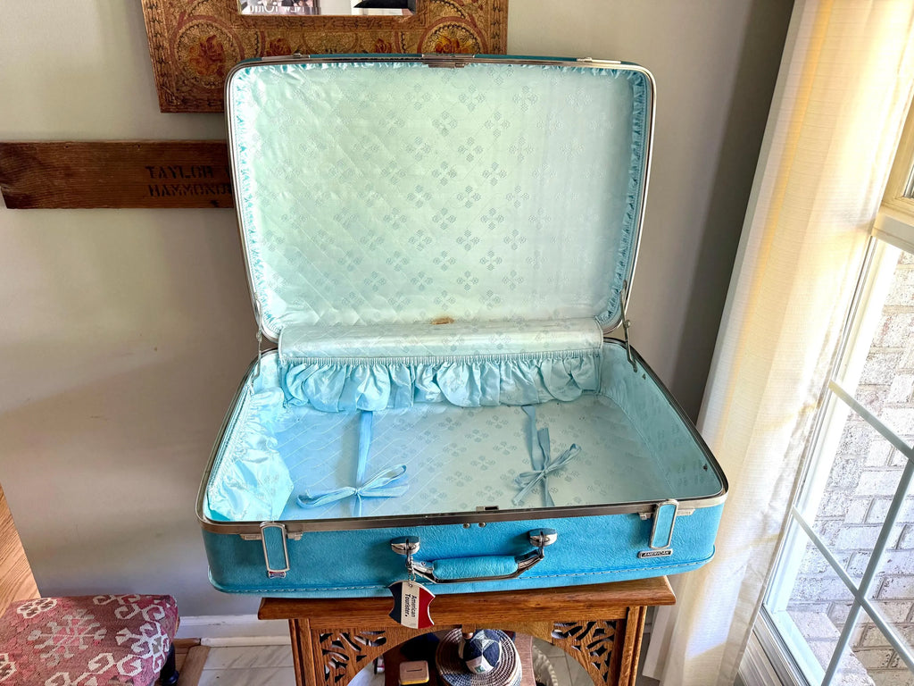 Vtg American Tourister Turquoise Marbled Luggage| American Tourister Suitcase| Large Size A/T Escort Suitcase | Turquoise Blue Suitcase