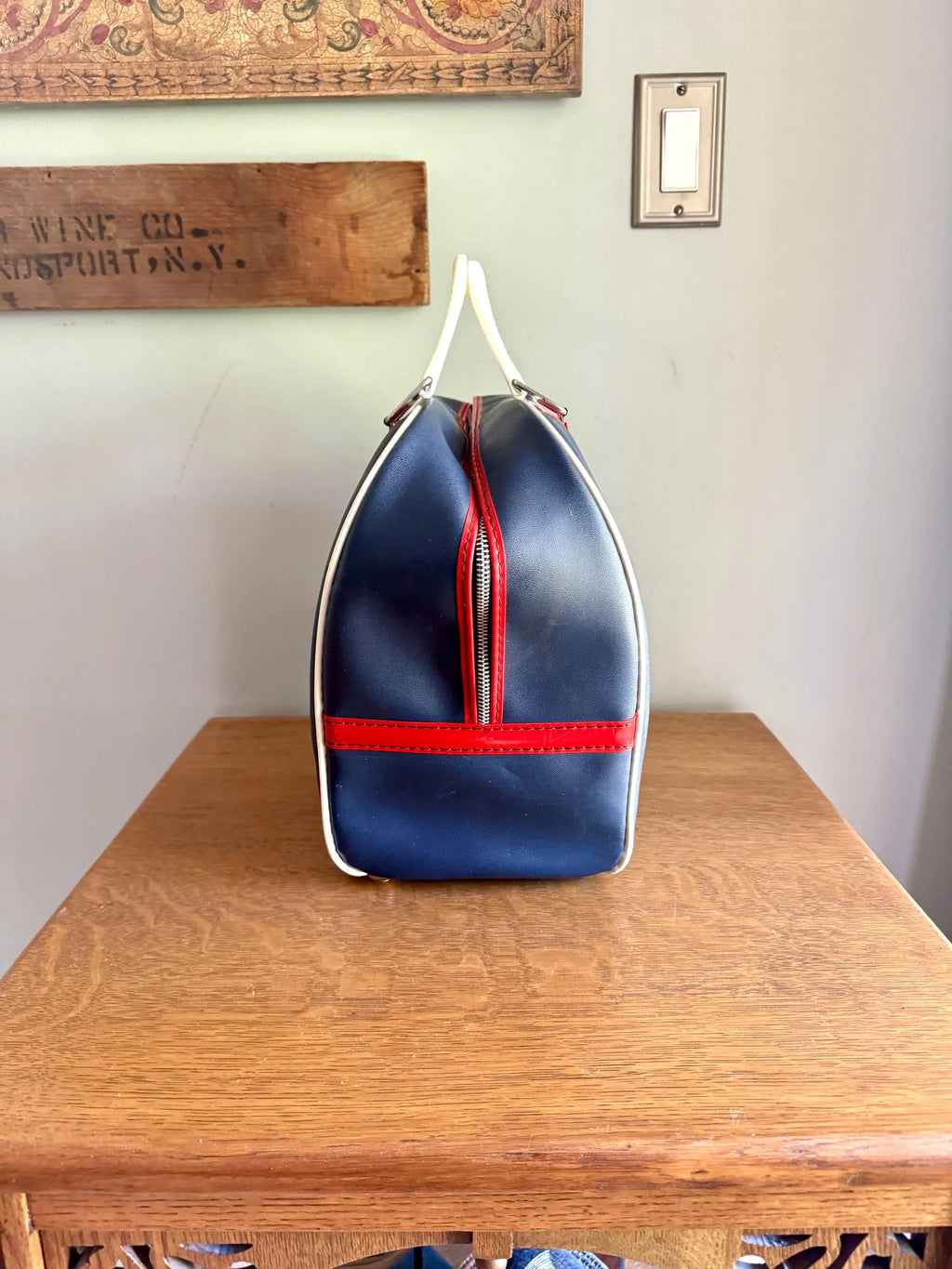 Vtg Atlantic Blue and Red Bowling Bag | Atlantic Vinyl Bowling Bag | Atlantic Bowling Ball Bag | Navy Blue Hand Bag