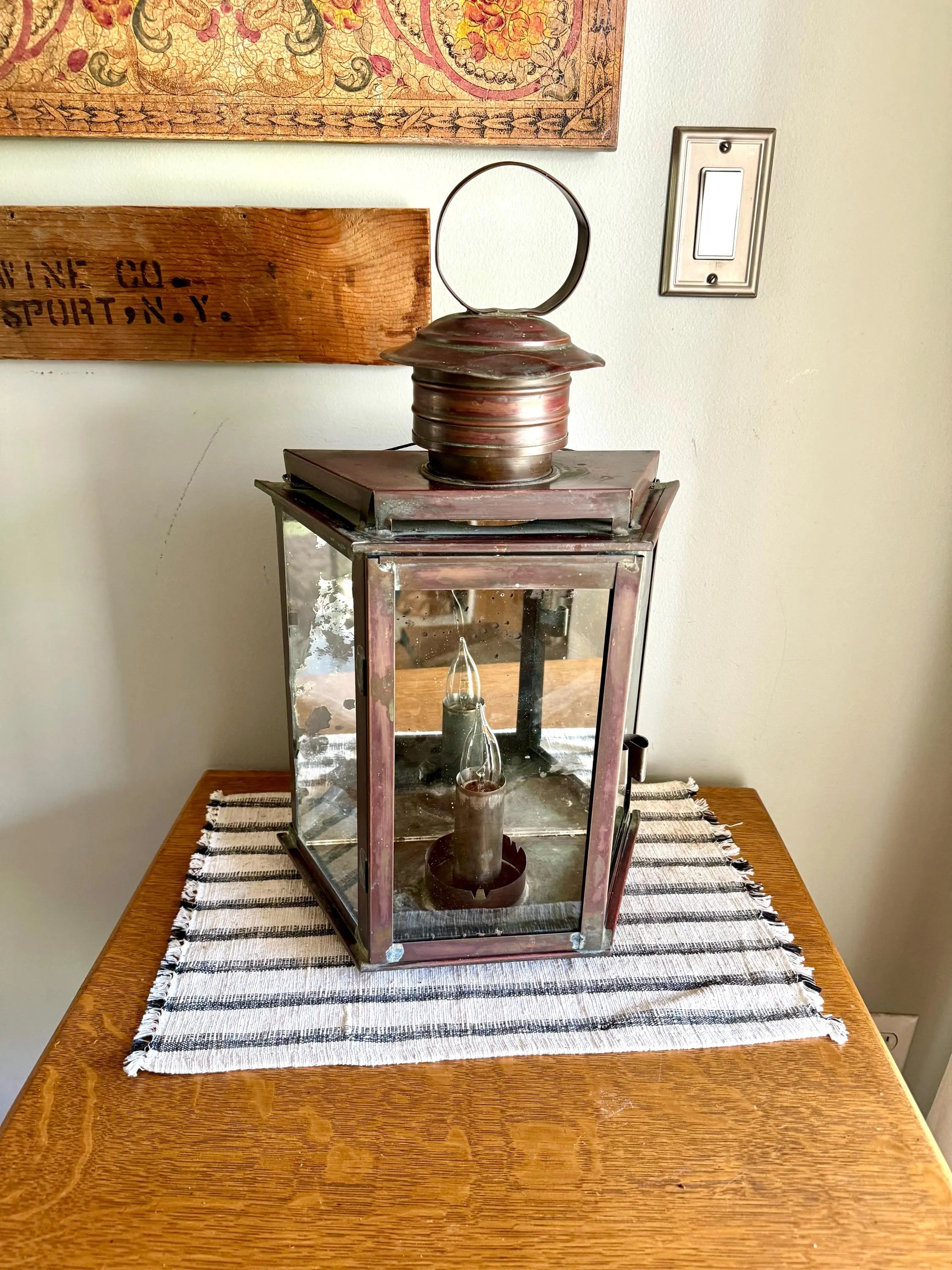 Vtg  Distressed Copper Lantern Lamp | Copper and Mirror Large Wall Sconce | Nautical Lantern Copper Wall Lamp | Rustic Wall Light