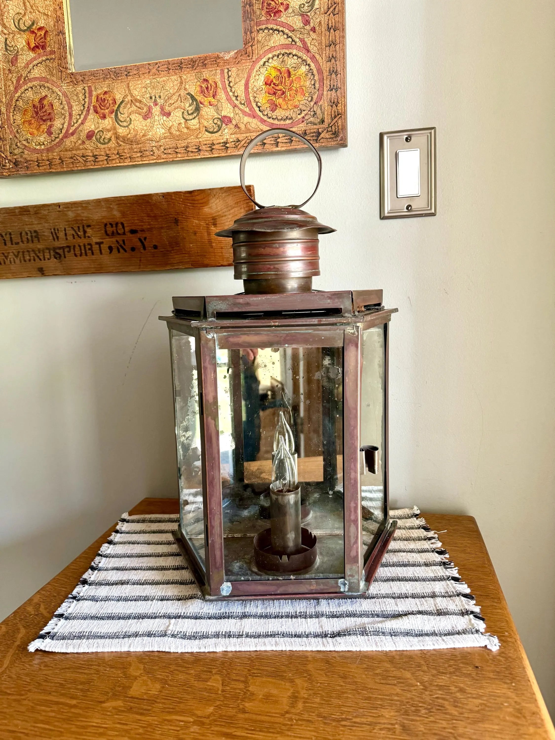 Vtg  Distressed Copper Lantern Lamp | Copper and Mirror Large Wall Sconce | Nautical Lantern Copper Wall Lamp | Rustic Wall Light