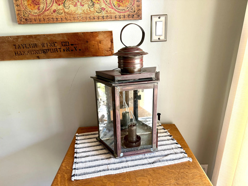 Vtg  Distressed Copper Lantern Lamp | Copper and Mirror Large Wall Sconce | Nautical Lantern Copper Wall Lamp | Rustic Wall Light