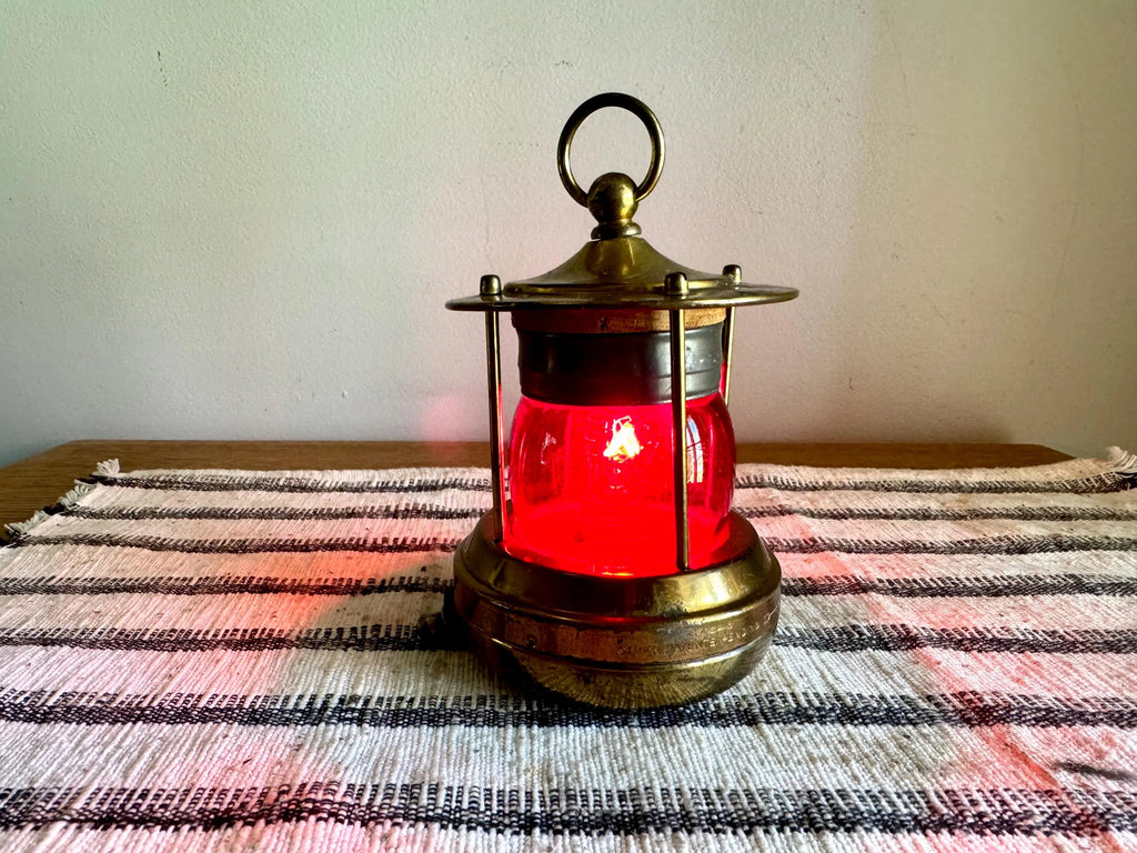 Vtg Small Brass Nautical Red Lens Lamp | Red Glass Navigation Maritime Lamp | Nautical Themed Red Lens Lamp| Small Brass Navigation Lamp