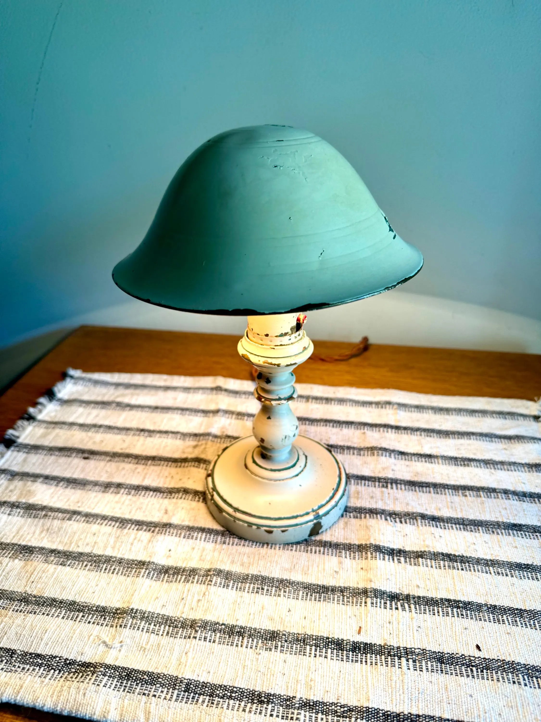 Vtg Small Distressed Reading Lamp | Small Brass Mushroom Shade Desk Lamp | Chippy Paint Small Rustic Reading Light | Rewired Small Lamp