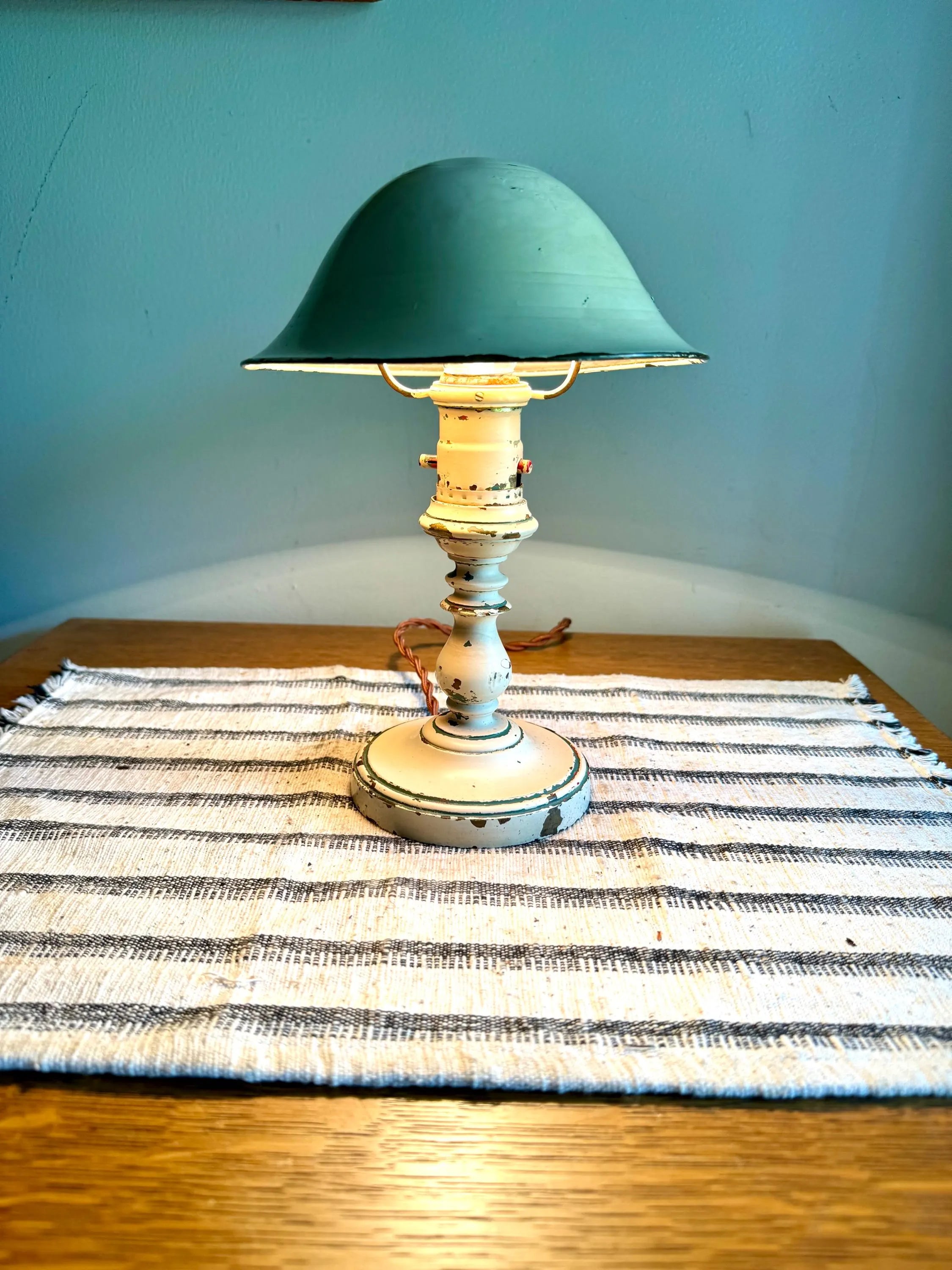 Vtg Small Distressed Reading Lamp | Small Brass Mushroom Shade Desk Lamp | Chippy Paint Small Rustic Reading Light | Rewired Small Lamp