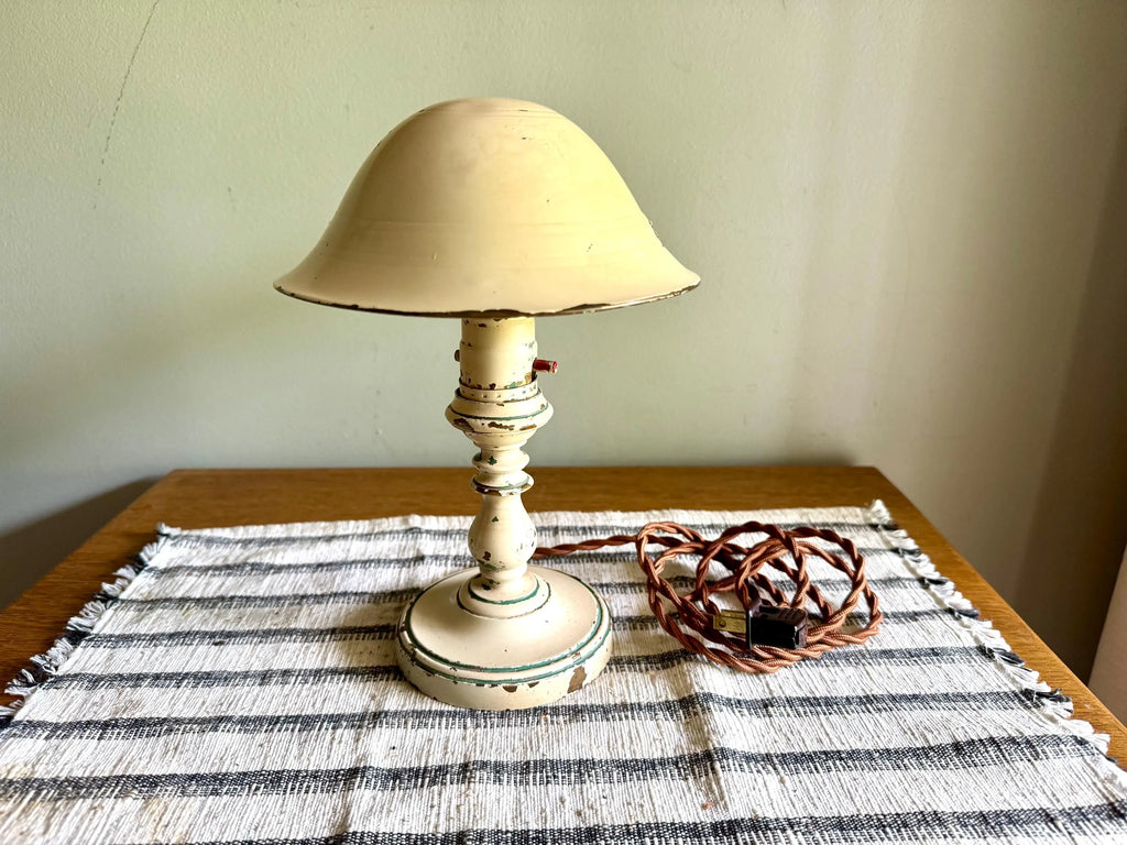 Vtg Small Distressed Reading Lamp | Small Brass Mushroom Shade Desk Lamp | Chippy Paint Small Rustic Reading Light | Rewired Small Lamp