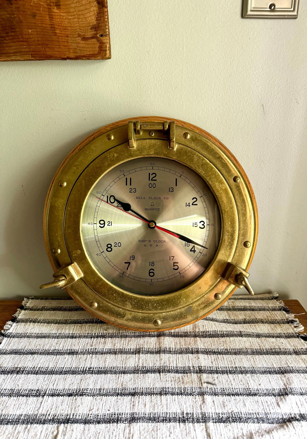 Vtg Bell Clock Co. Ship's Clock | Quartz Nautical Port Hole Hanging Clock | Brass Ship's Port Hole Clock | Brass Nautical Ship's Clock